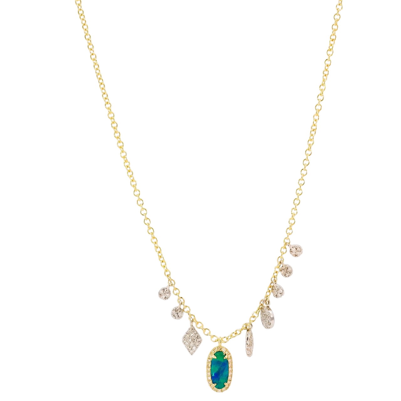 Collar oro amarillo 14kt con dijes de diamantes y ópalo ovalado