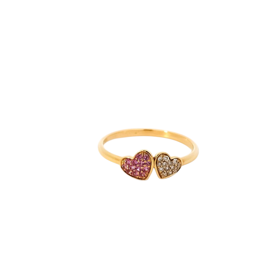 Anillo oro amarillo diseño de corazones con diamantes y zafiro rosado