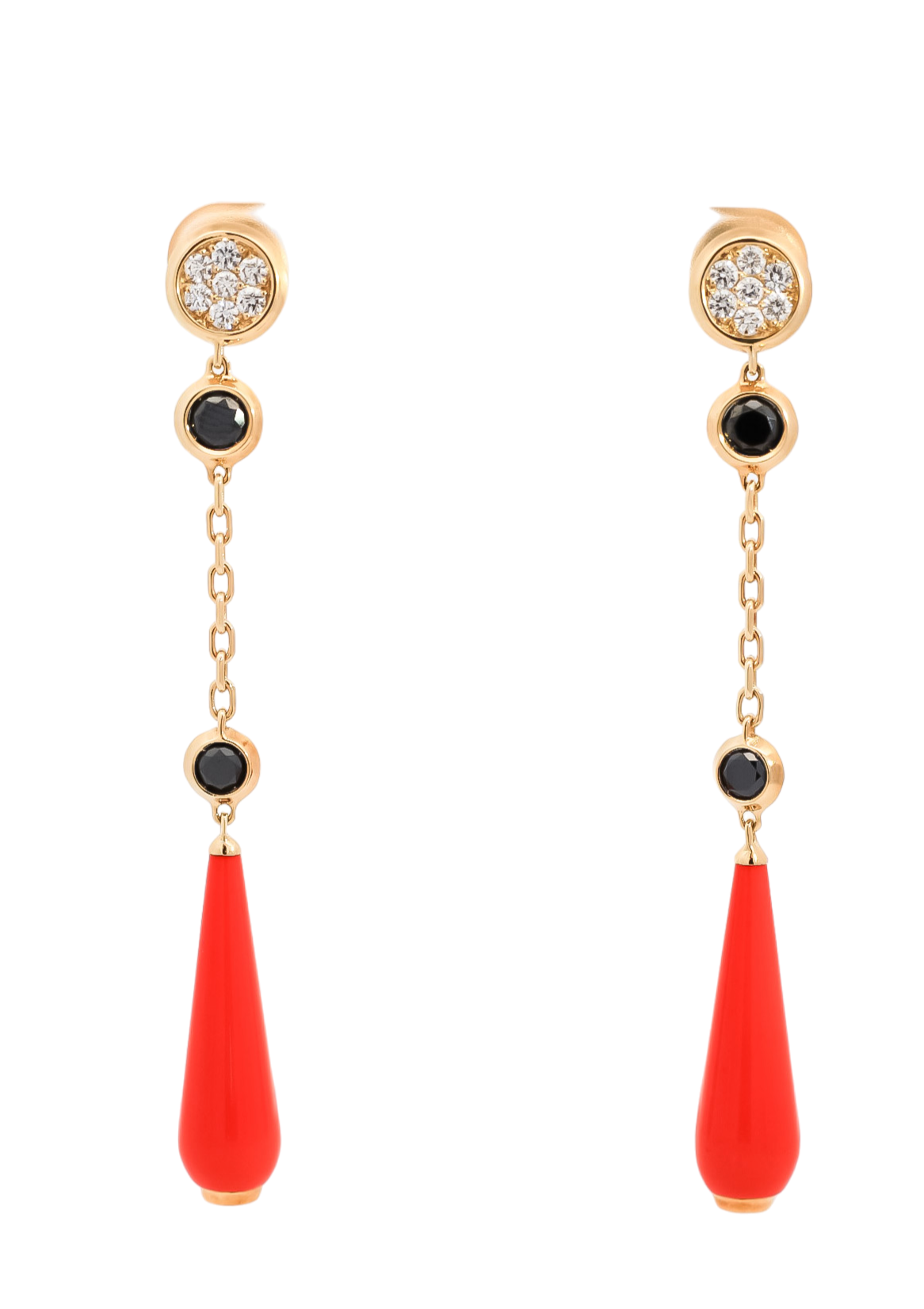 Aretes largos en oro  amarillo 18kt con diamantes y coral