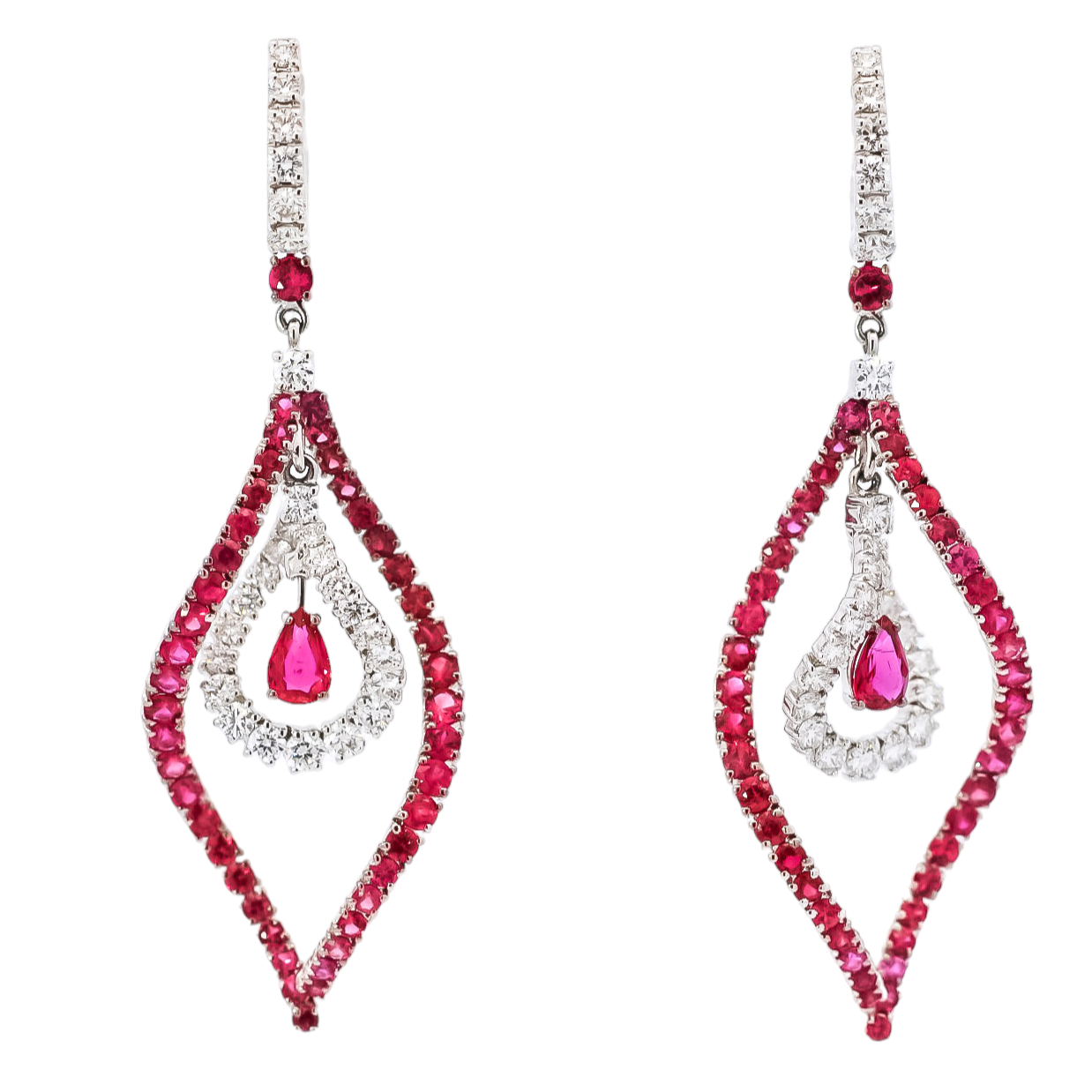 Aretes largos oro blanco con diamantes y rubís