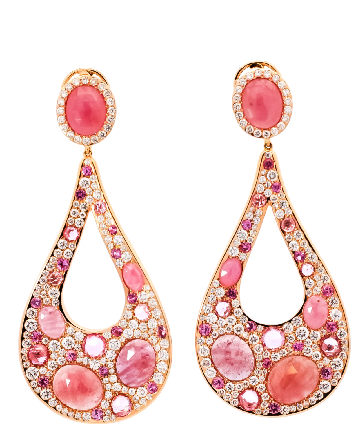 Aretes largos oro rosa con diseño de gotas en diamantes y zafiro rosado