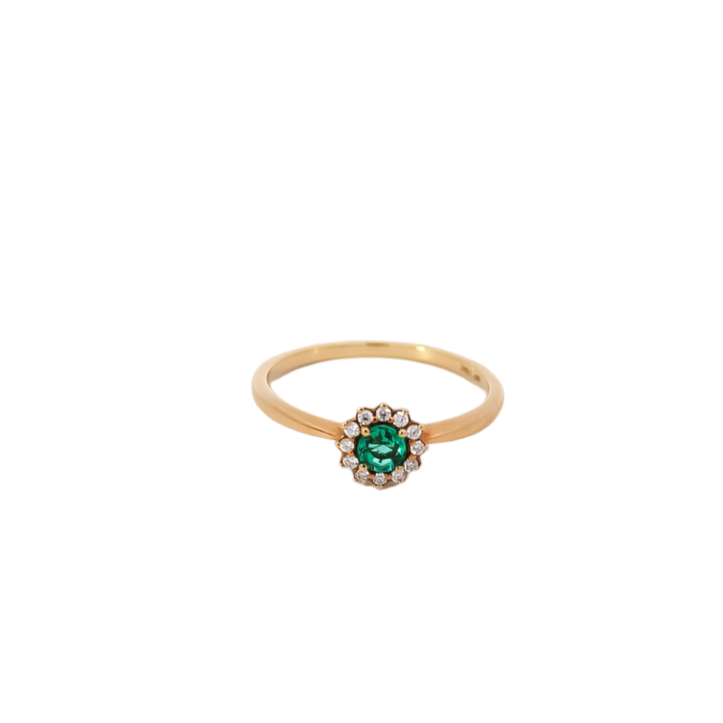 Anillo oro amarillo diseño de flor en diamantes y esmeralda