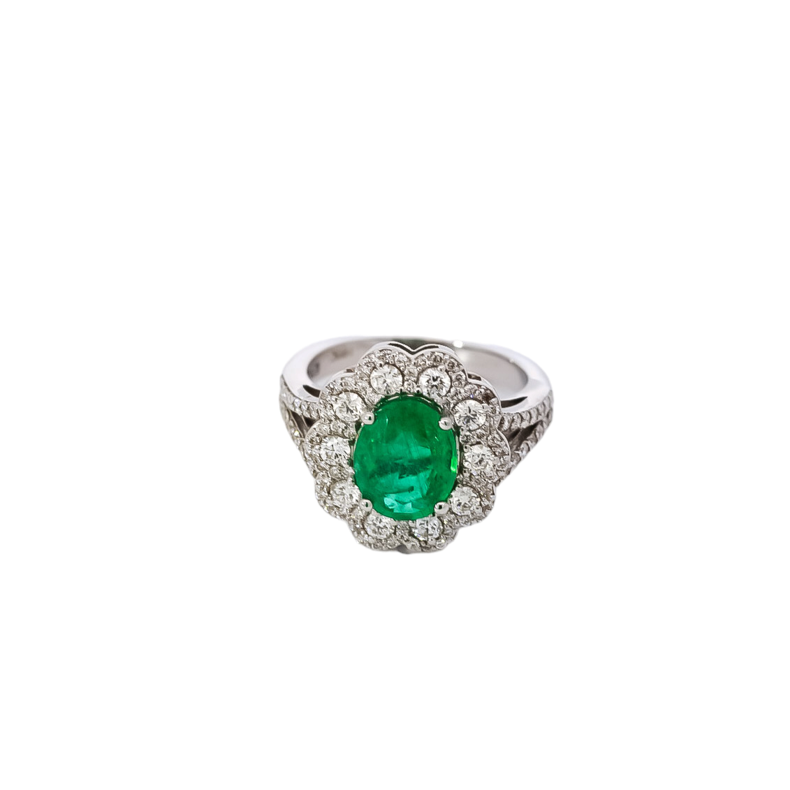 Anillo ancho doble línea con halo de diamantes y esmeralda 3.80ct