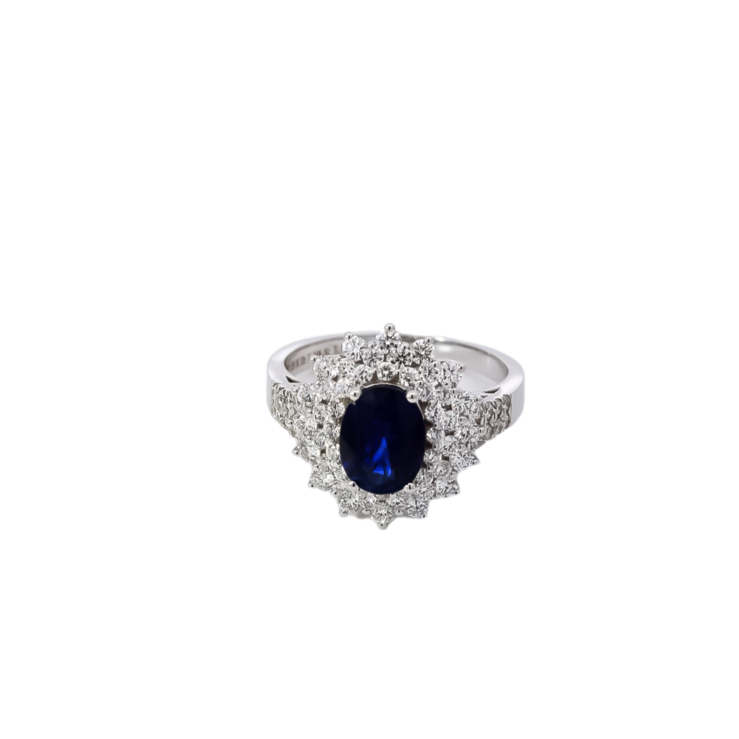 Anillo oro blanco con doble halo de diamantes y zafiro 1.90ct corte ovalado