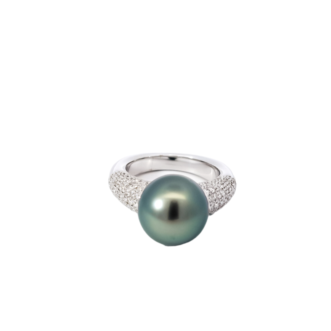 Anillo en oro blanco  con diamantes y perla gris