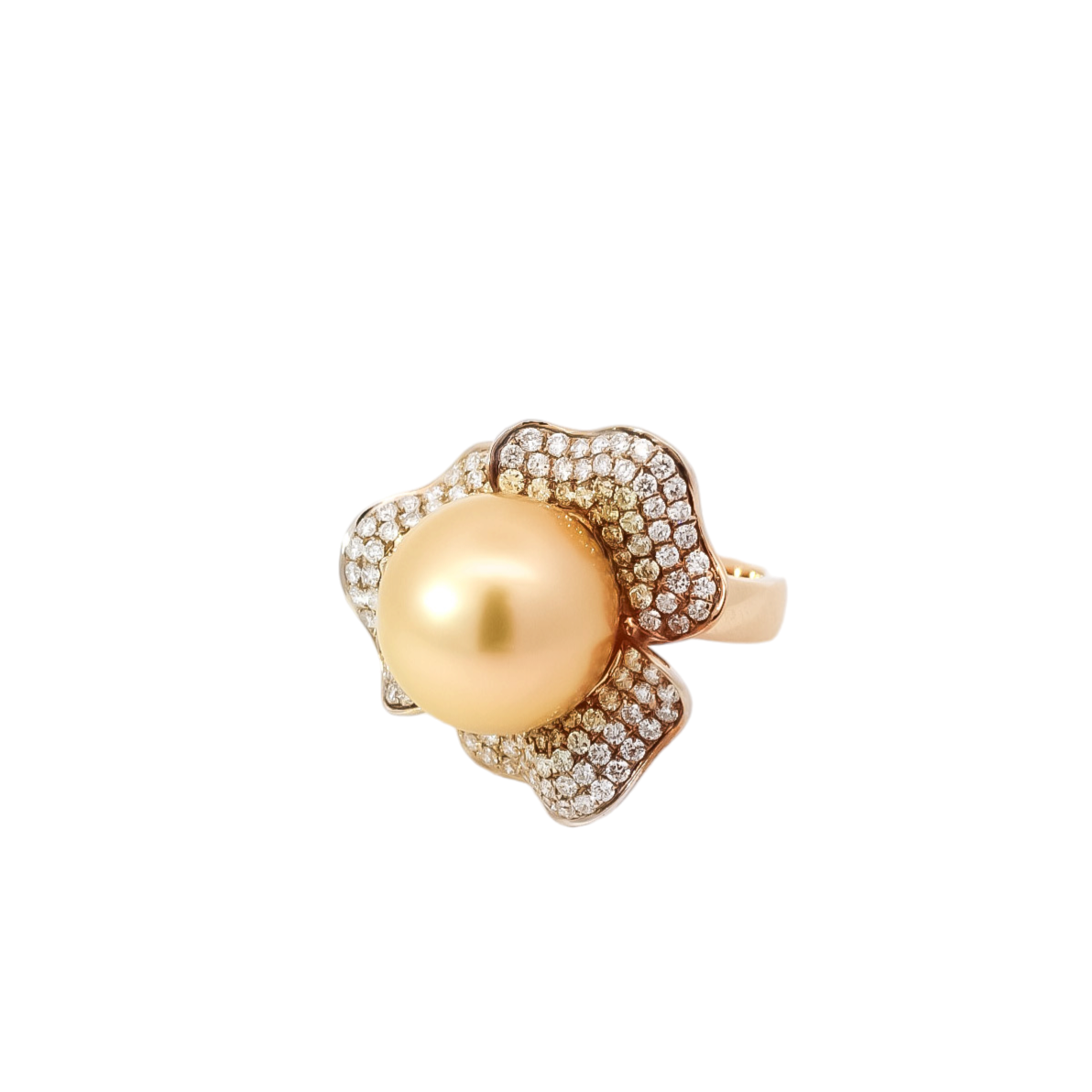 Anillo de oro blanco 18kt en forma de flor con perla amarilla y diamantes
