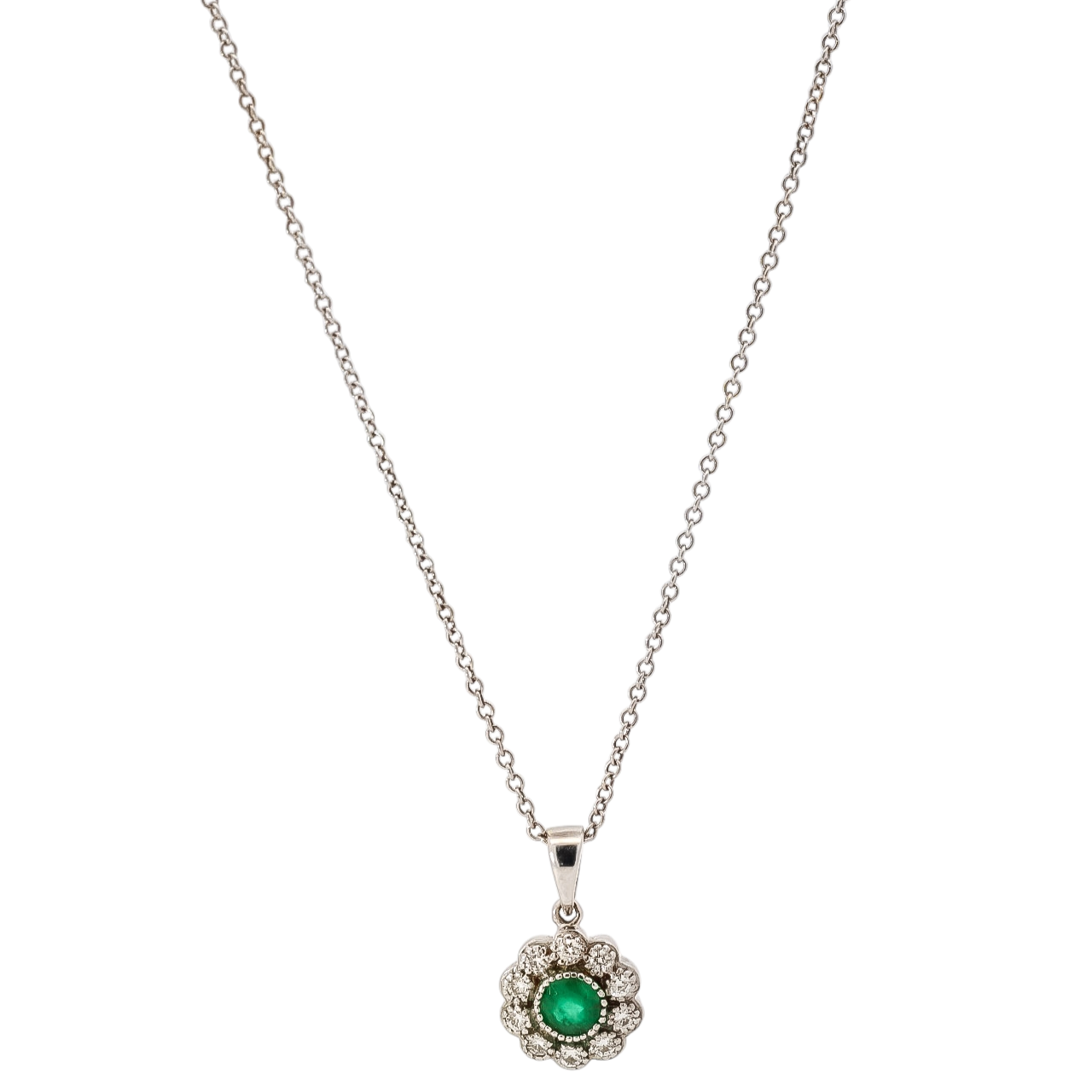 Collar oro blanco 18kt con dije de flor en diamantes y esmeralda