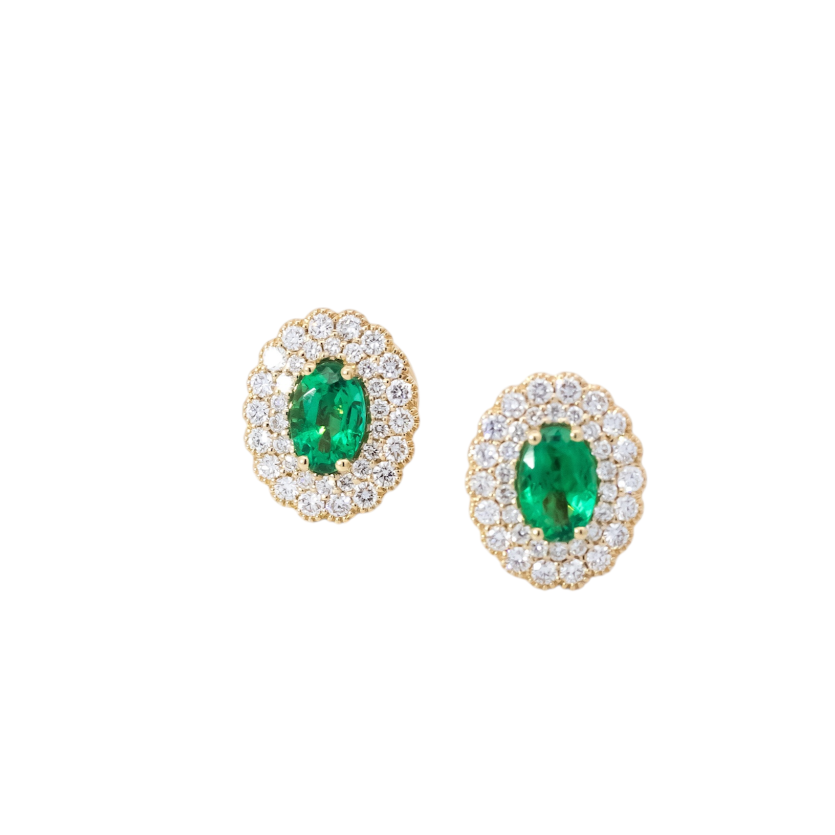 Aretes oro amarillo 18kt con doble halo en diamantes y esmeraldas ovaladas
