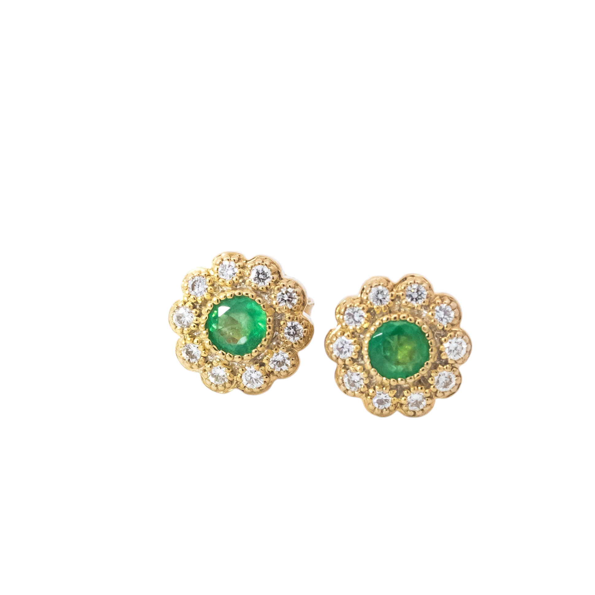 Aretes oro amarillo 18kt diseño de flor con diamantes y esmeraldas