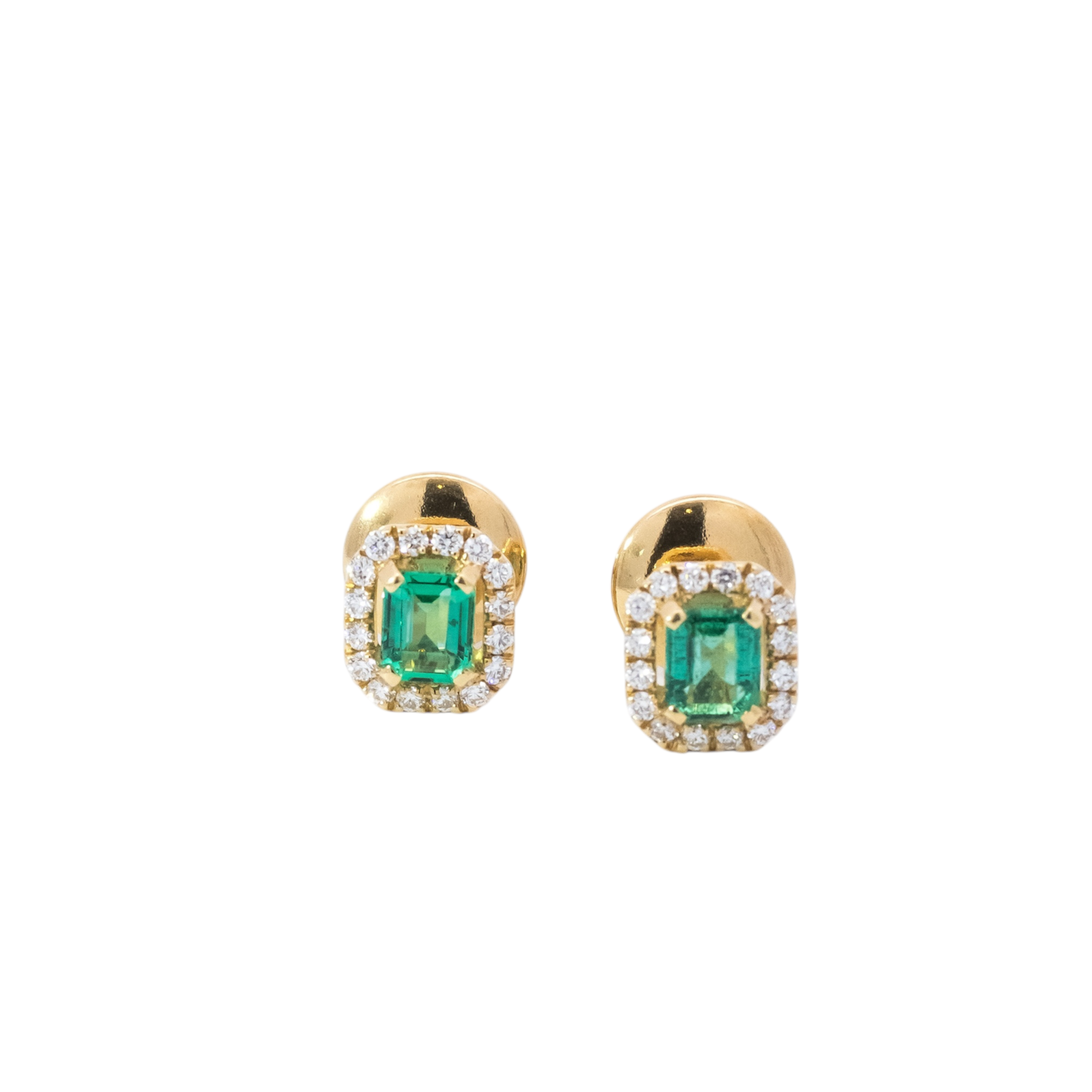 Aretes oro amarillo 18kt con halo en diamantes y esmeraldas corte princess