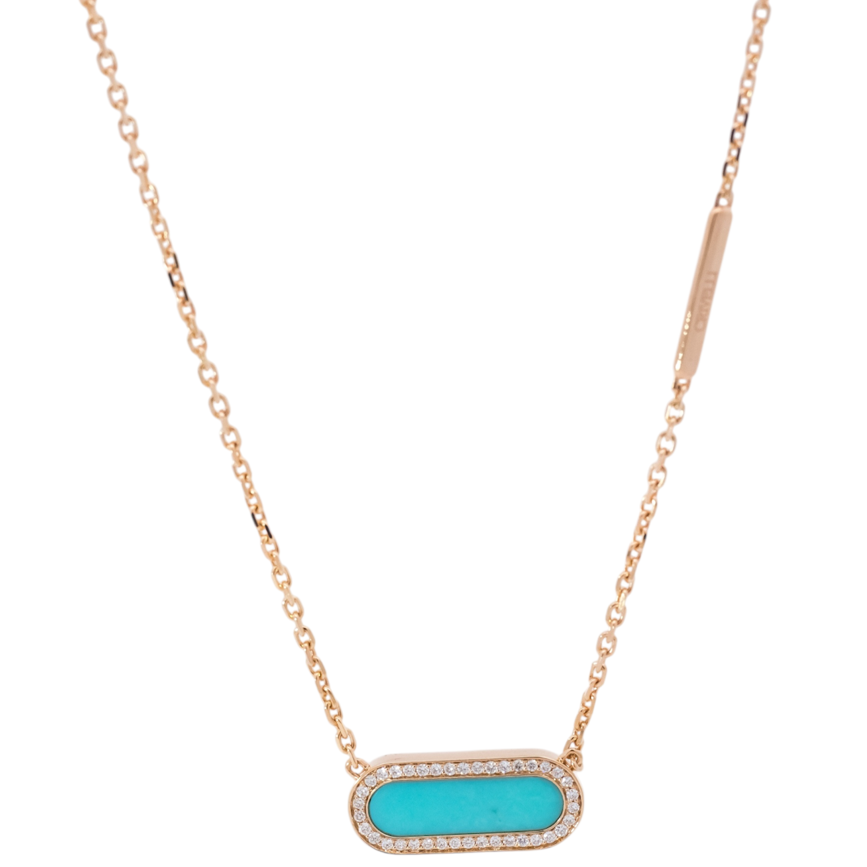 Collar oro rosa 18kt con dije en placa con diamantes y turquesa