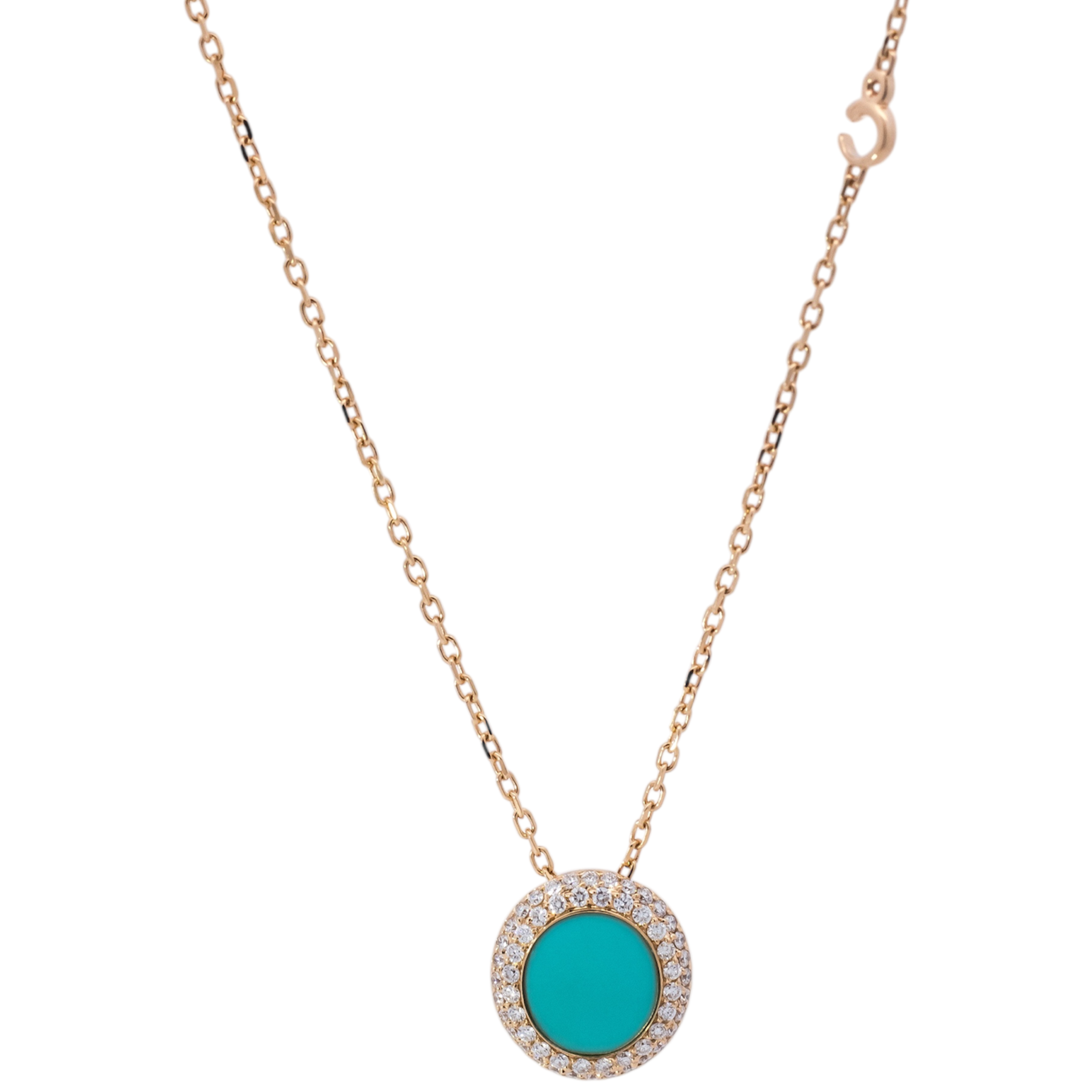 Collar oro rosa 18kt con dije circular en doble halo en diamantes y turquesa
