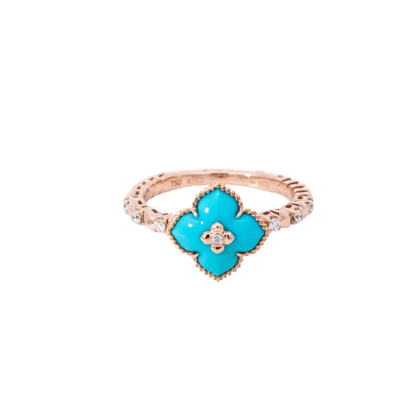 Anillo oro rosa 18kt diseño de flor con diamantes y turquesa