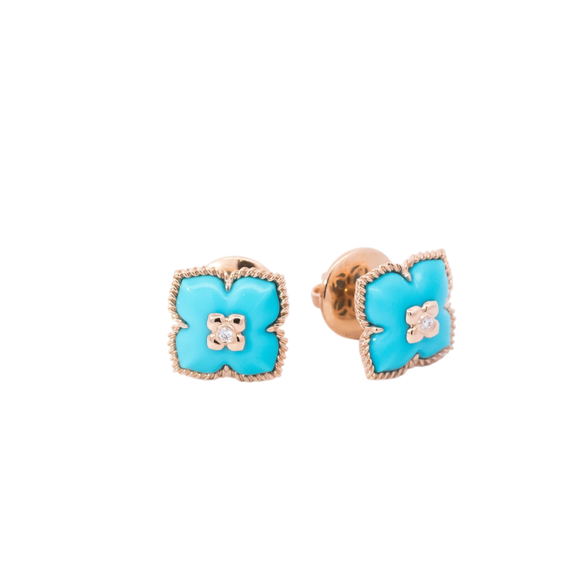 Aretes oro rosa 18kt diseño de flor con diamantes y turquesas