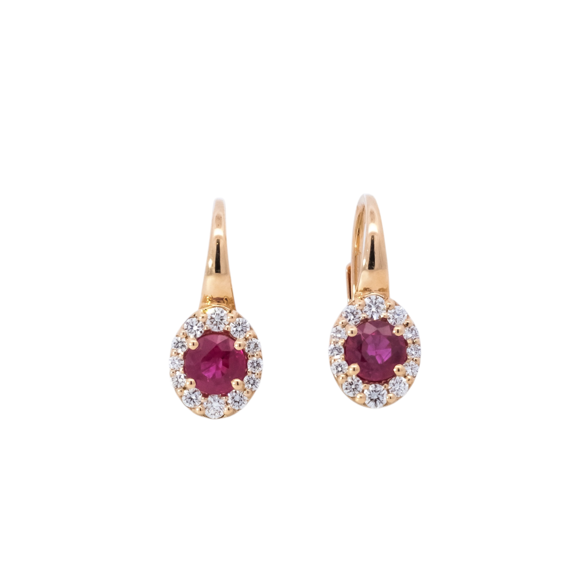 Aretes tipo huggies oro rosa 18kt con halo de diamantes y rubís