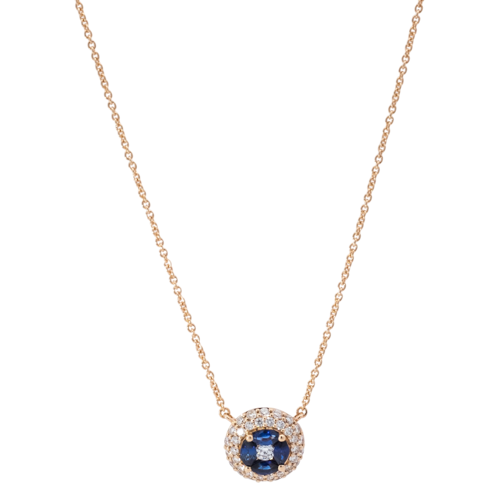 Collar oro rosa 18kt con dije en doble halo de diamantes y zafiro