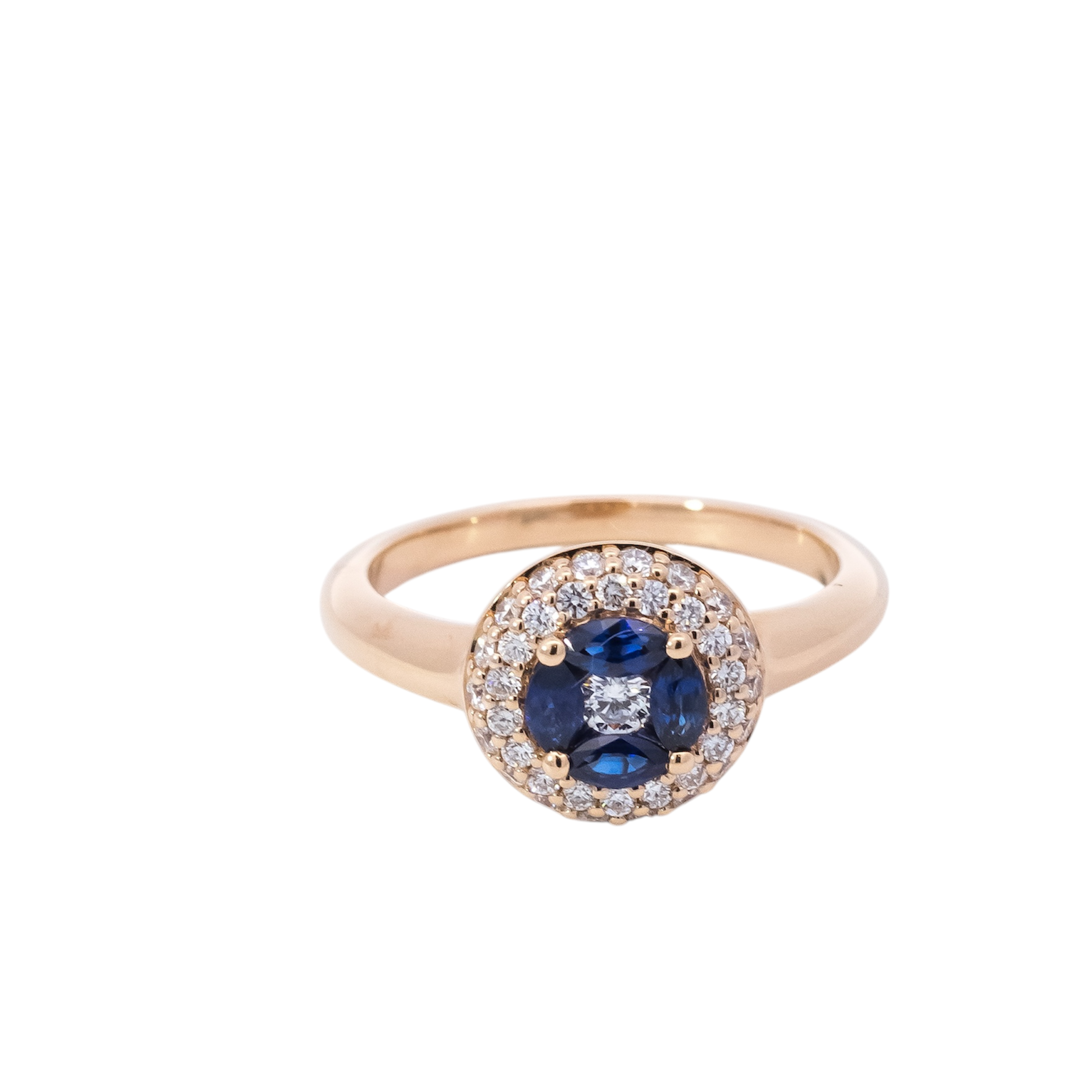 Anillo oro rosa 18kt doble halo de diamantes y zafiros corte marquise