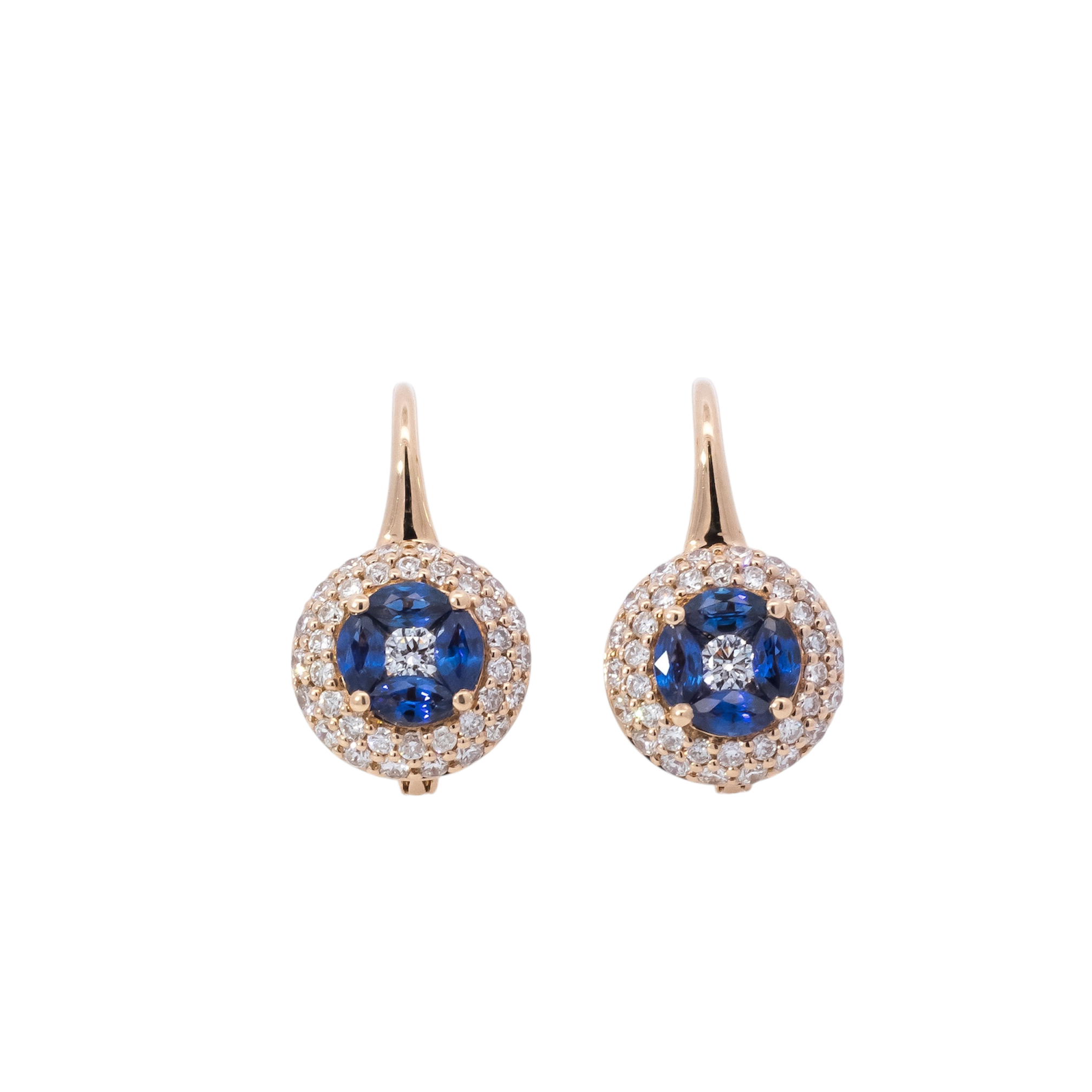 Aretes oro rosa 18kt halo doble halo de diamantes y zafiros