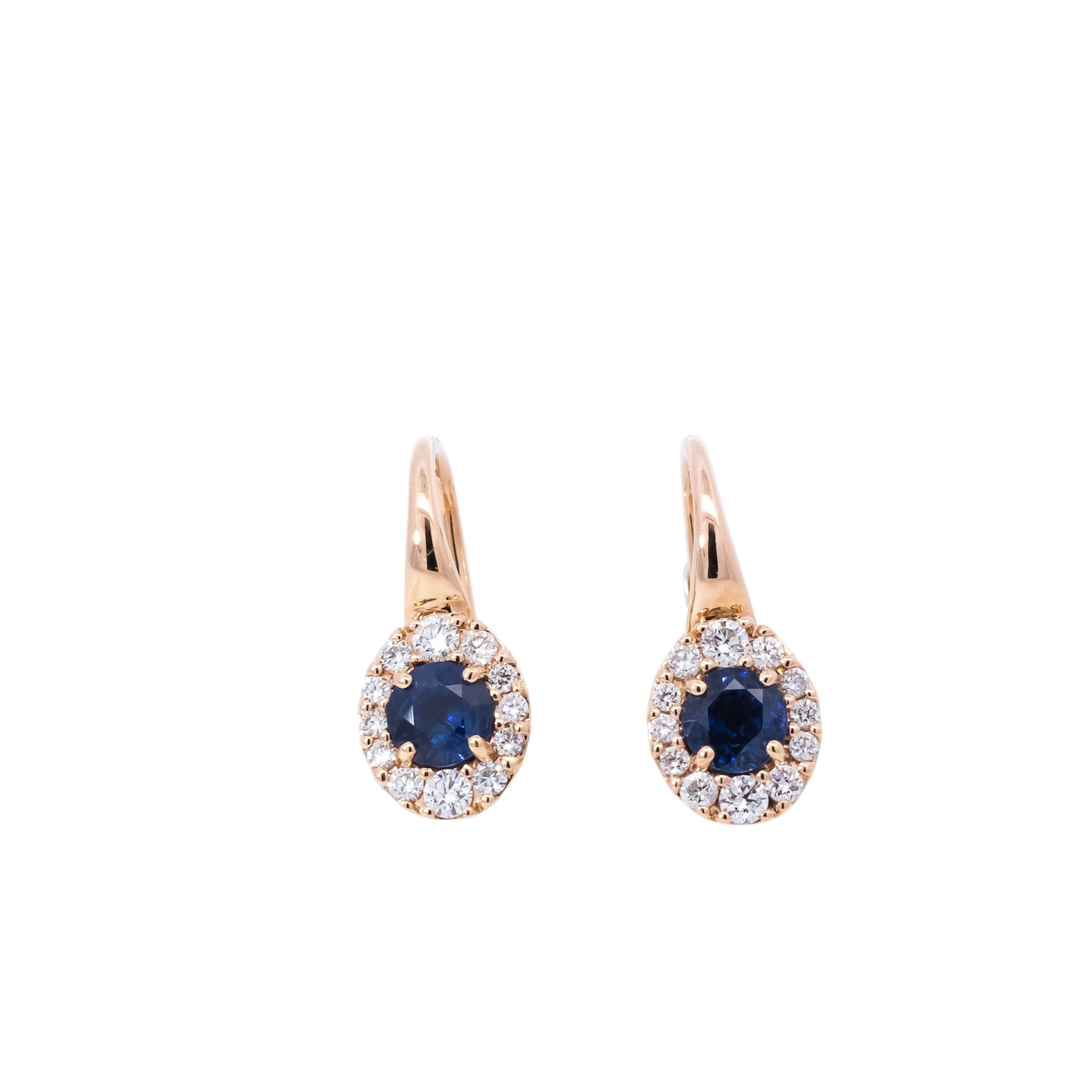 Aretes oro rosa 18kt con halo de diamantes y zafiros