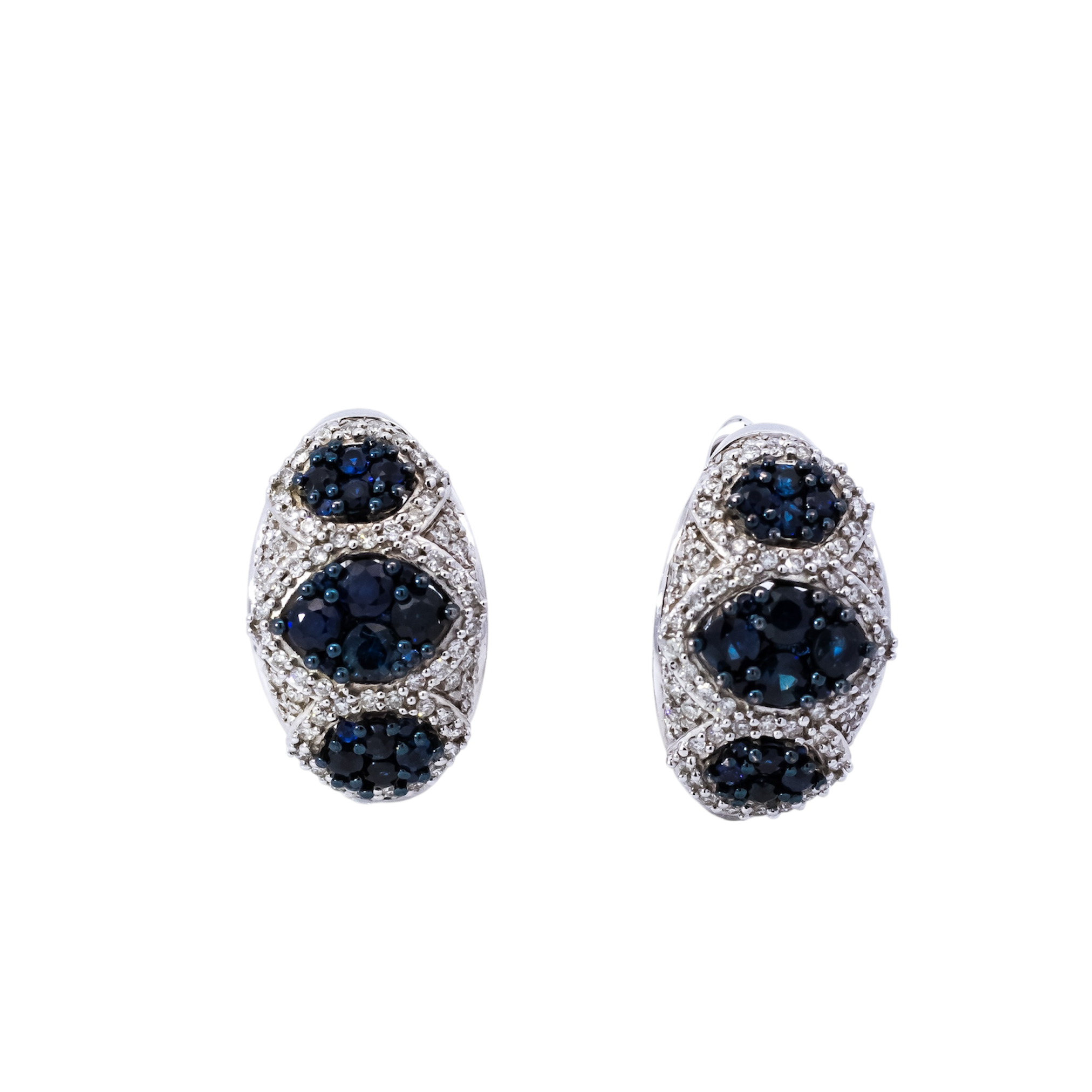 Aretes anchos oro blanco 18kt con diamantes y zafiros