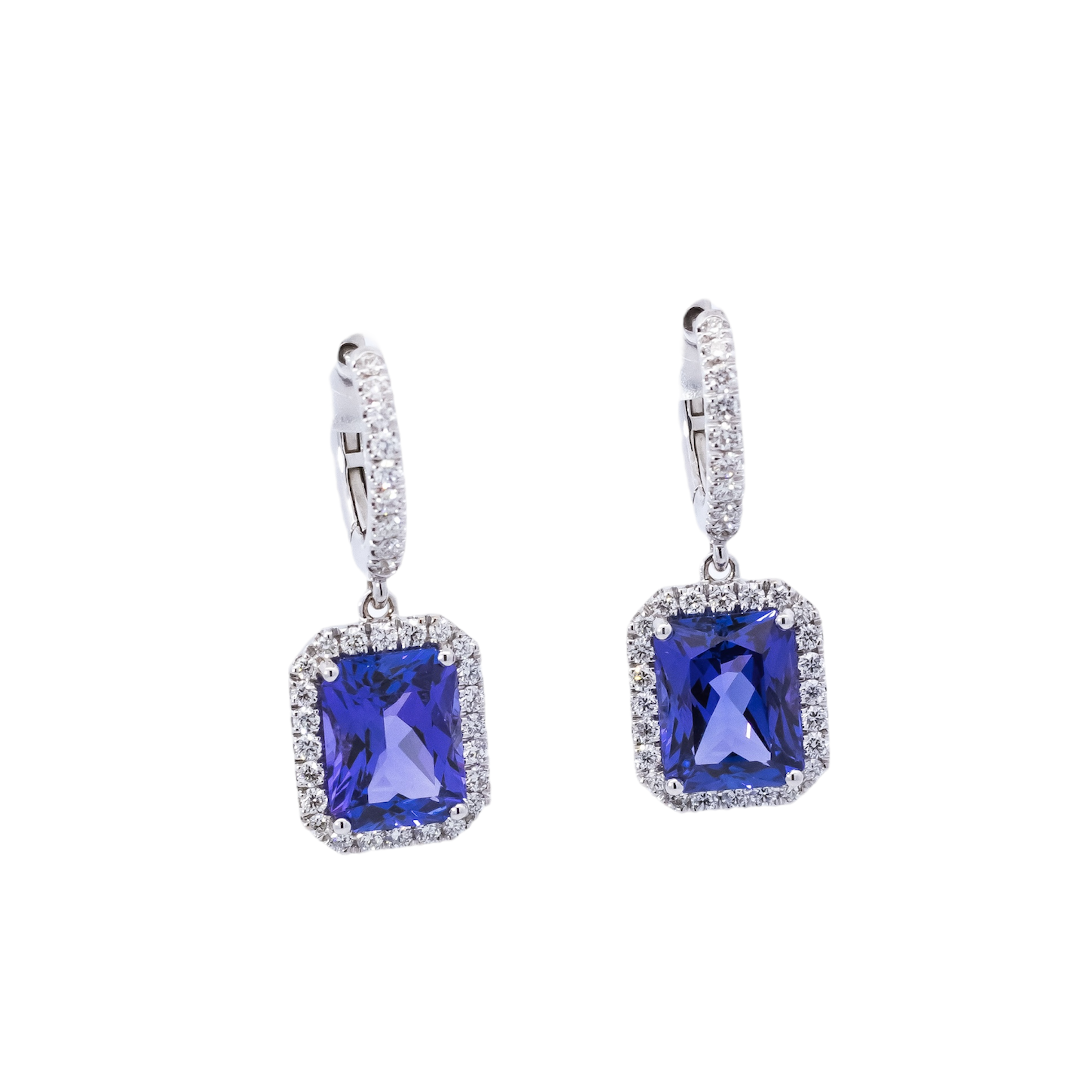 Aretes semi largo oro blanco 18kt con diamantes y tanzanitas