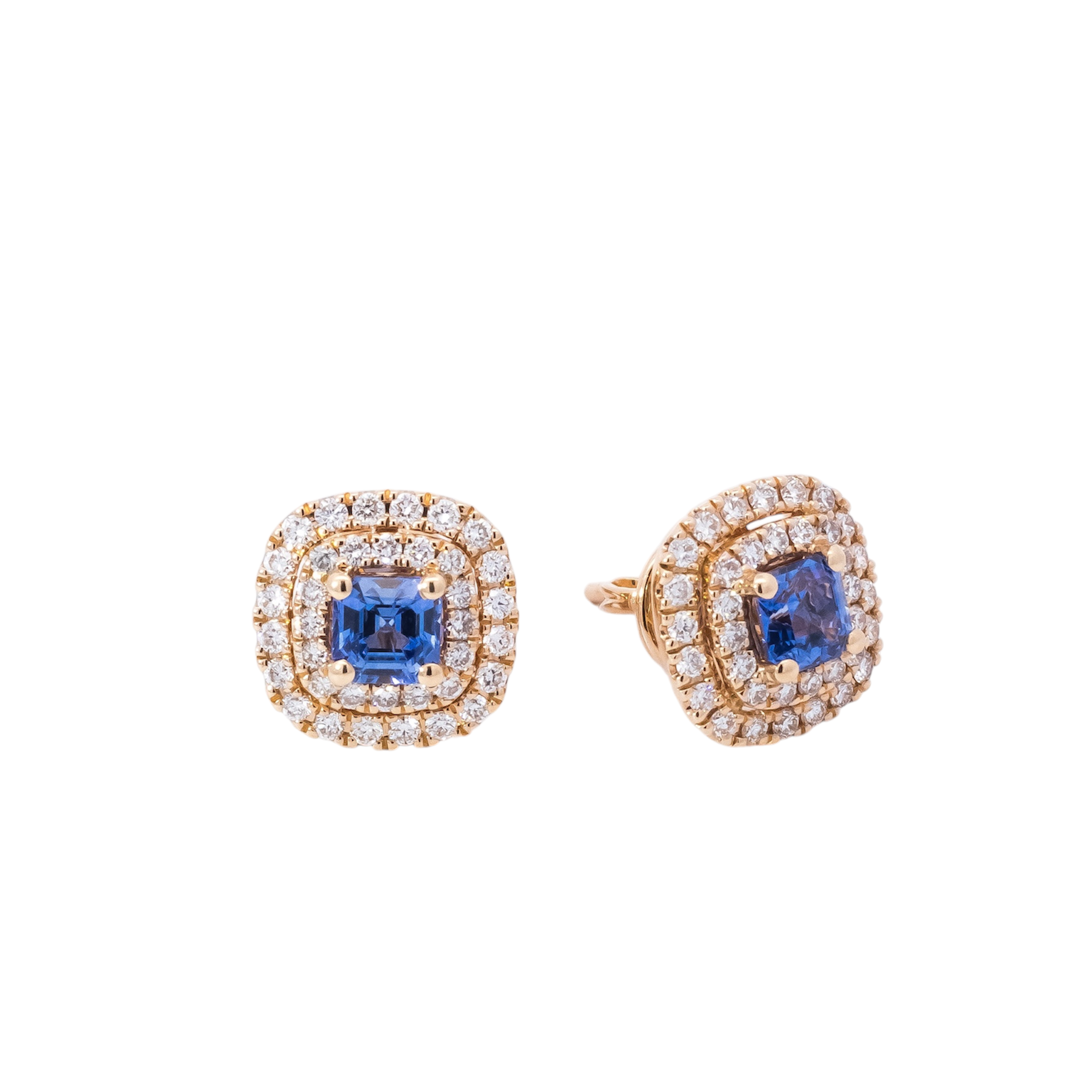 Aretes oro rosa 18kt doble halo de diamantes con zafiros