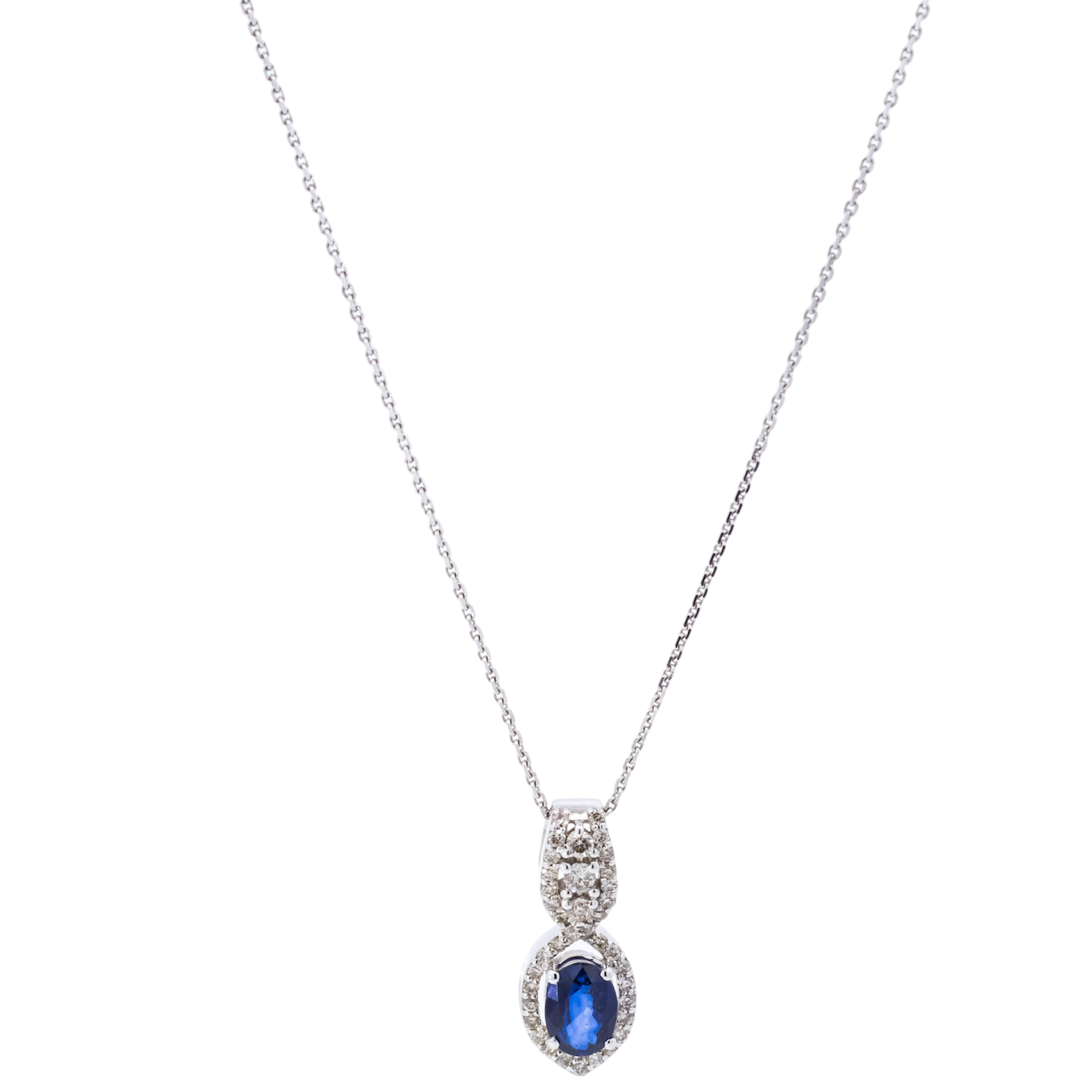 Collar oro blanco 18kt con diamantes y zafiro corte ovalado