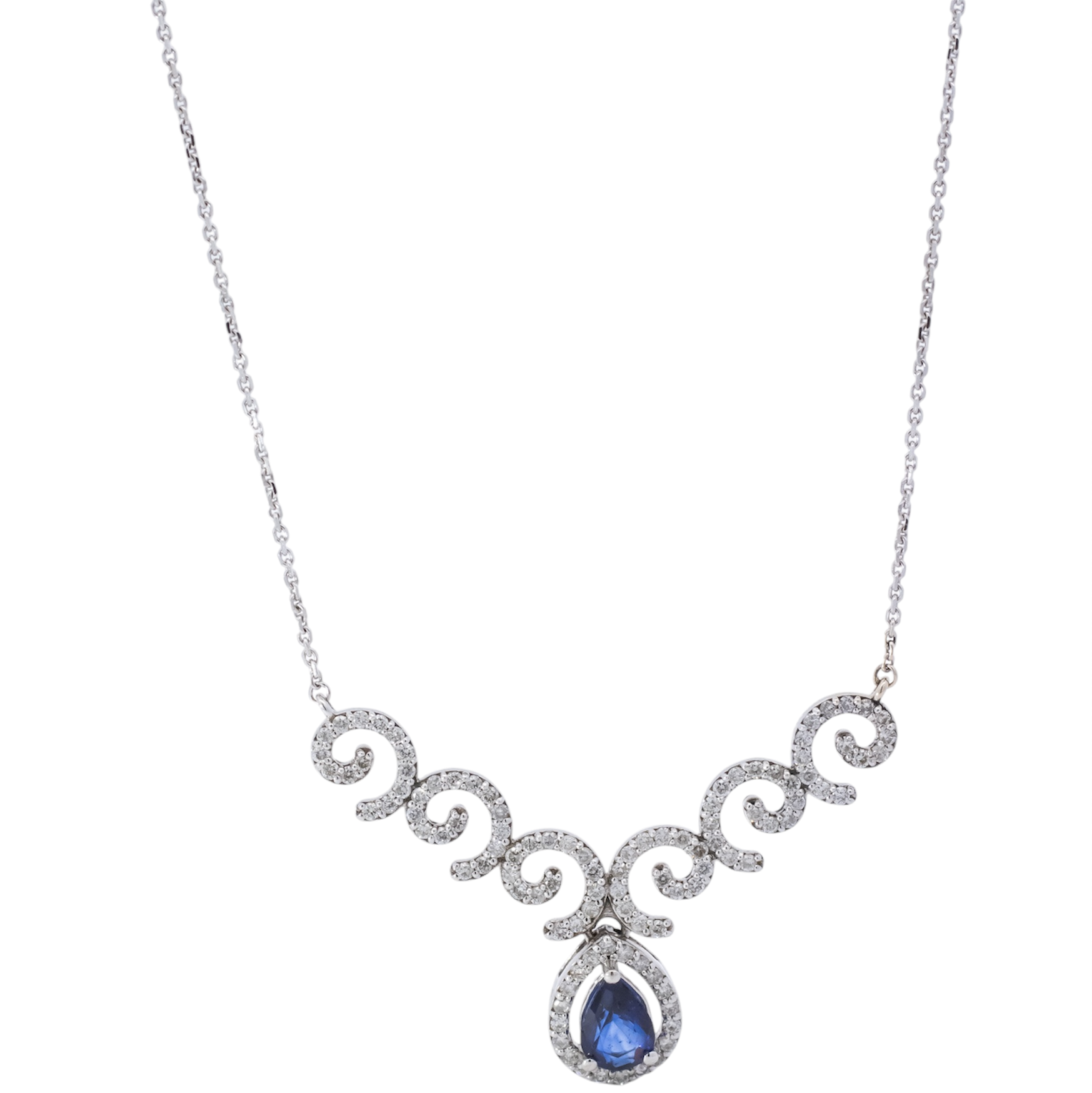 Collar oro blanco 18kt diseño clásico con diamantes y zafiro corte pera