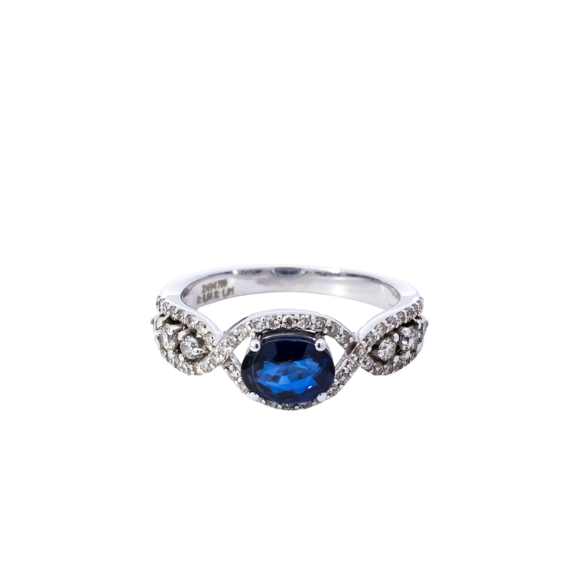Anillo oro blanco 18kt diseño líneas entrelazadas con diamantes y zafiro ovalado