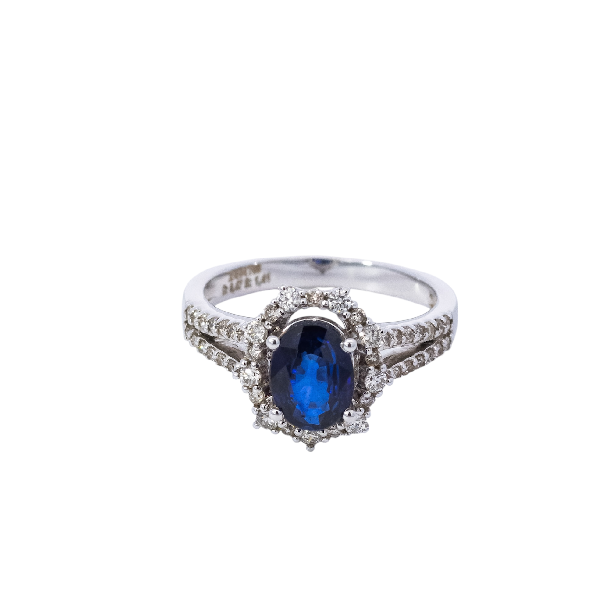 Anillo oro blanco doble línea halo de diamantes y zafiro ovalado