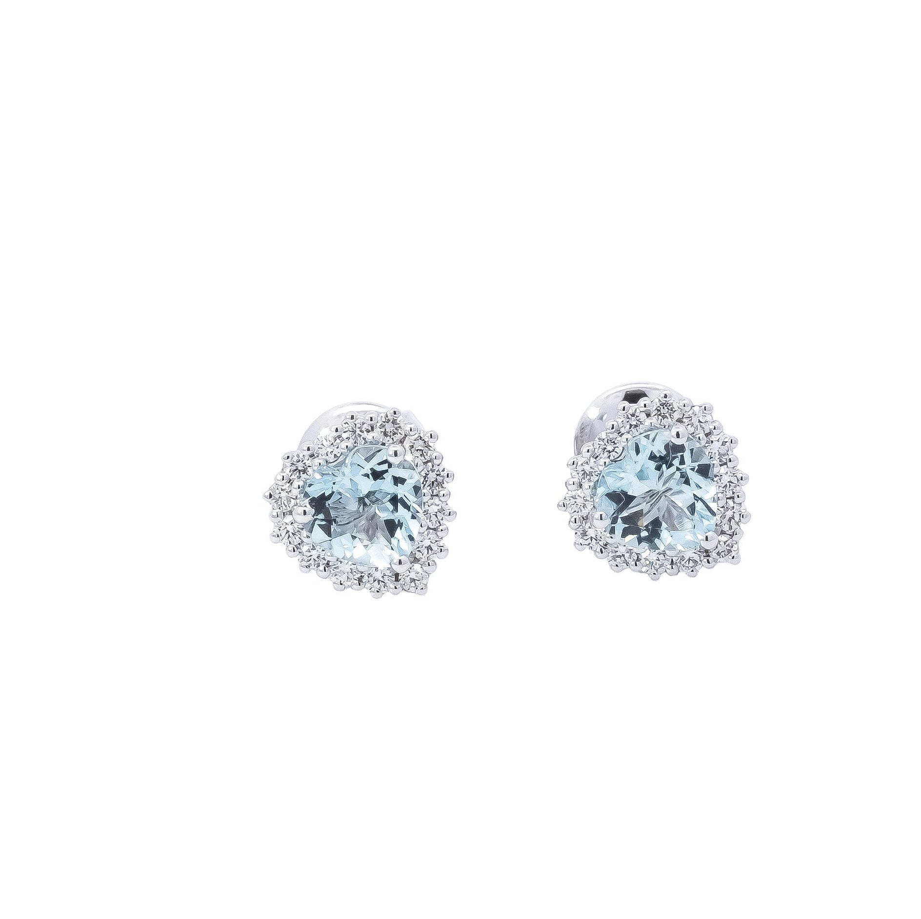 Aretes oro blanco 18kt con halo de diamantes y aguamarina corte corazón
