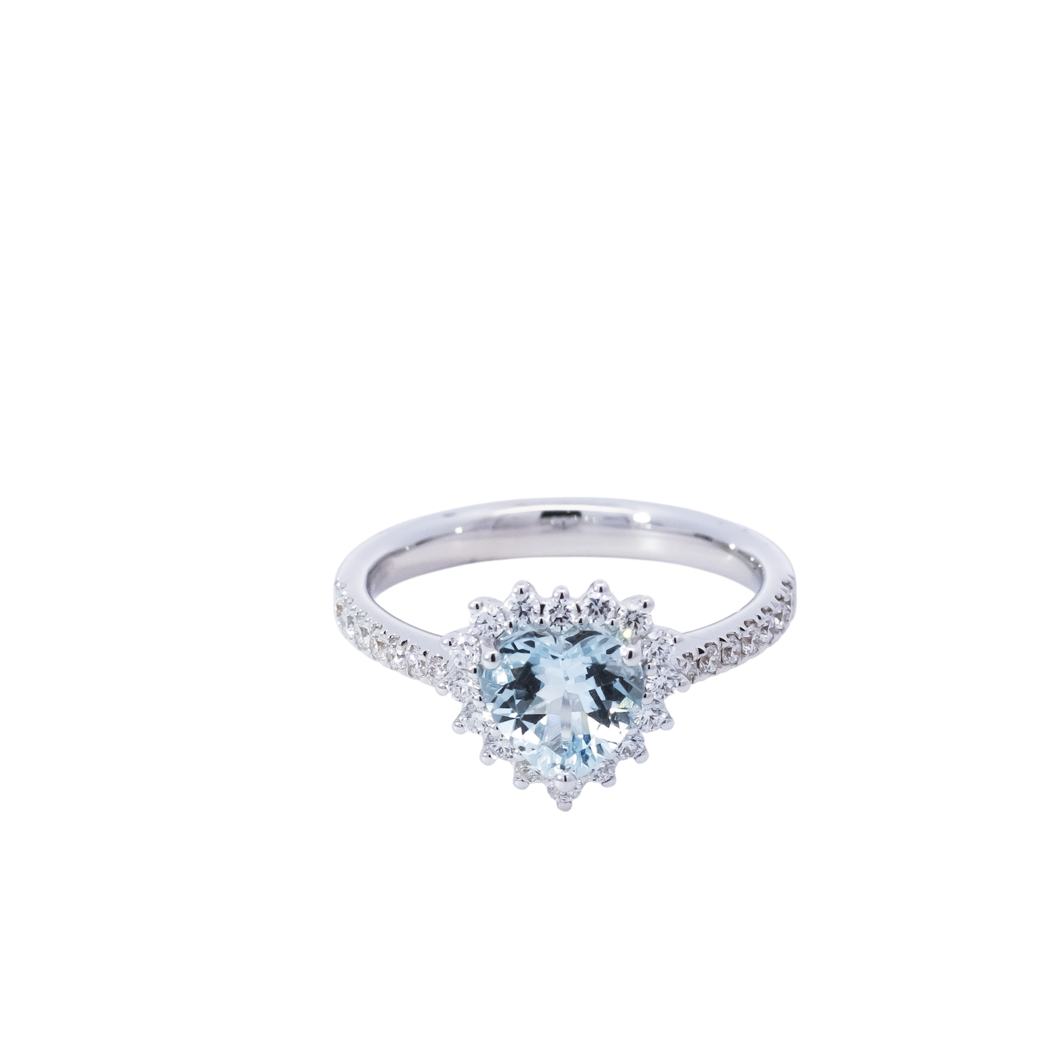 Anillo oro blanco 18kt con halo de diamantes y aguamarina corte corazón