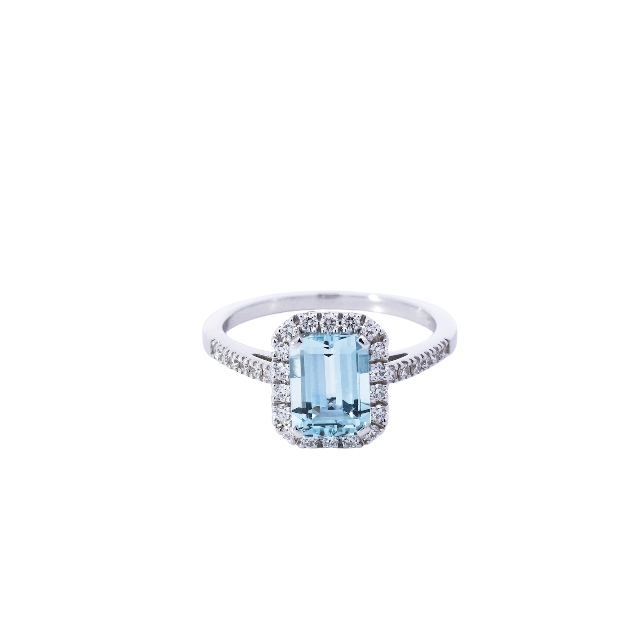 Anillo oro blanco 18kt con halo de diamantes y aguamarina corte esmeralda