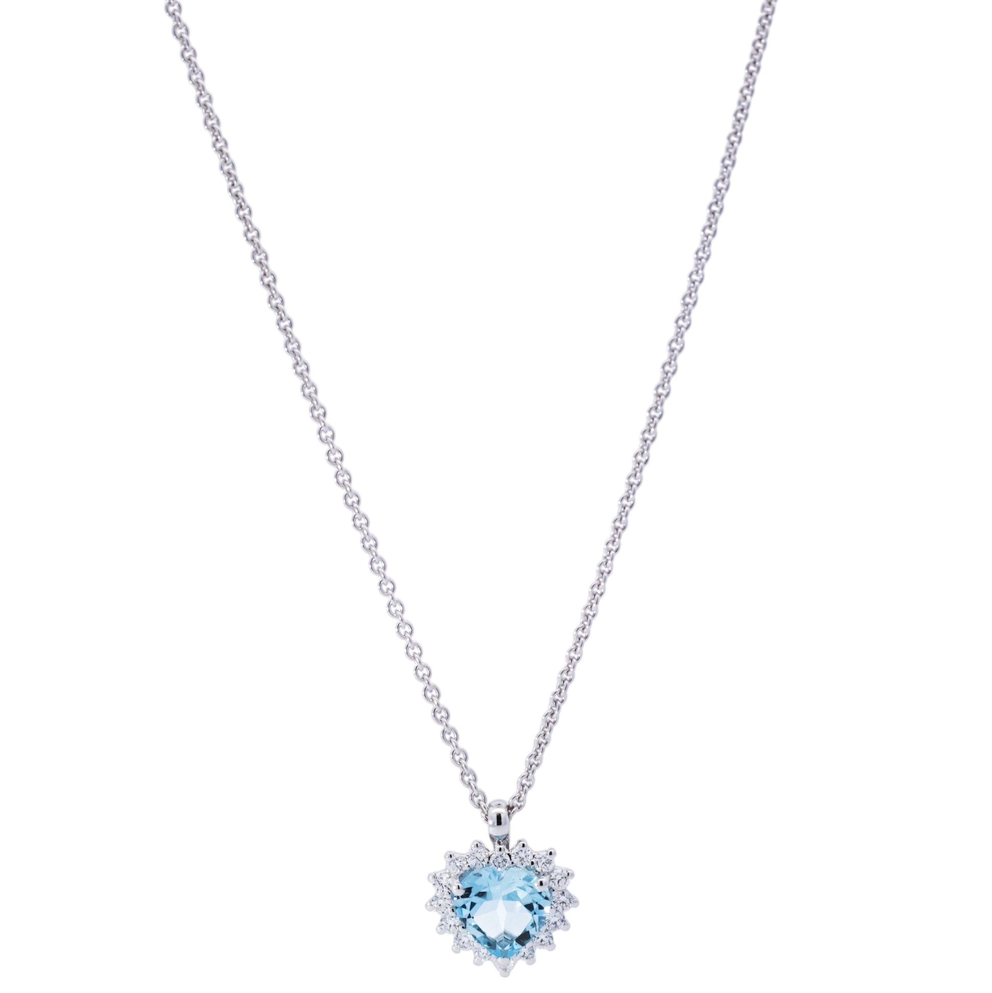 Collar oro blanco 18kt con dije diseño de corazón en halo de diamantes y aguamarina