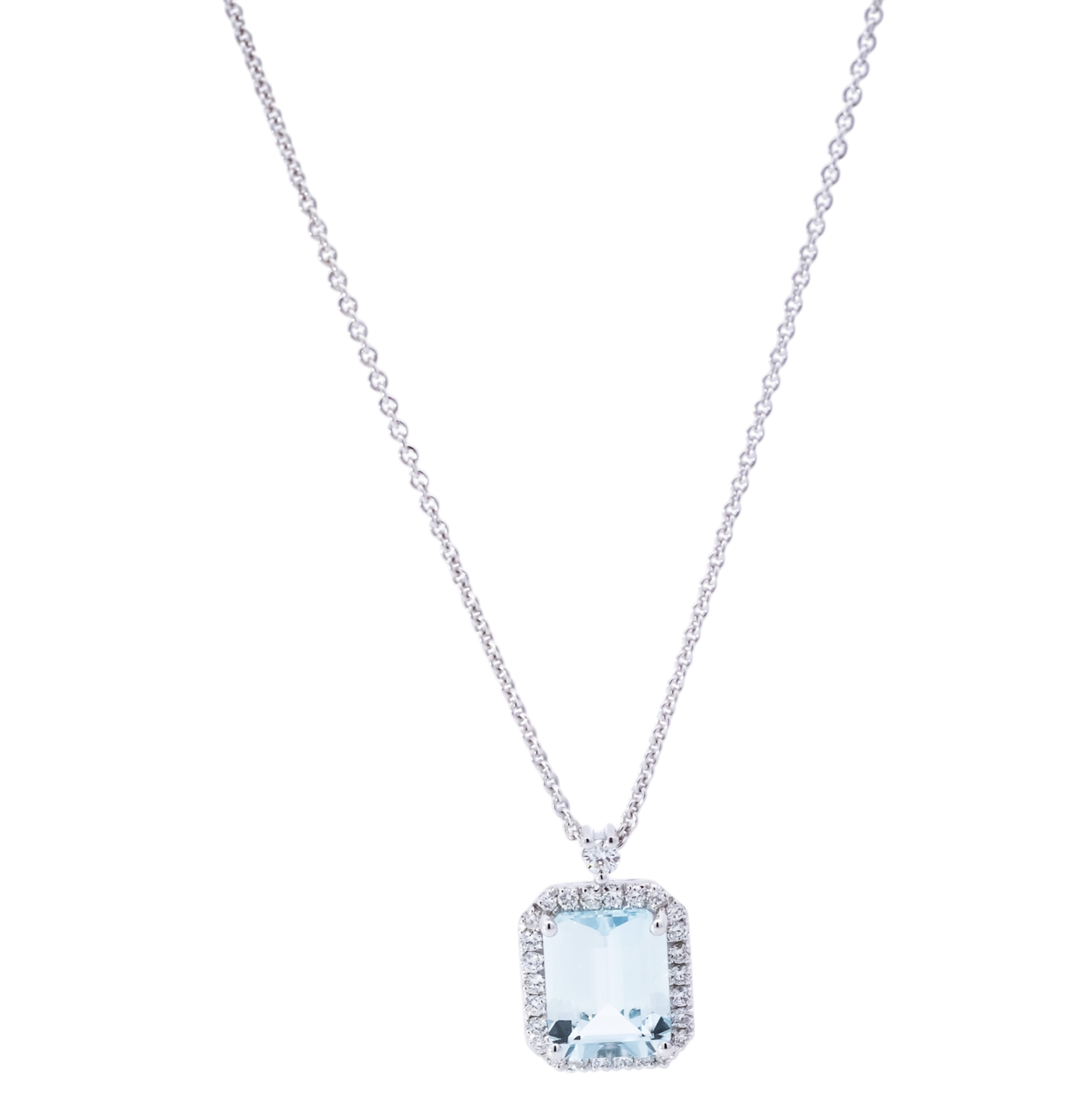 Collar oro blanco 18kt dije con halo de diamantes y aguamarina corte esmeralda