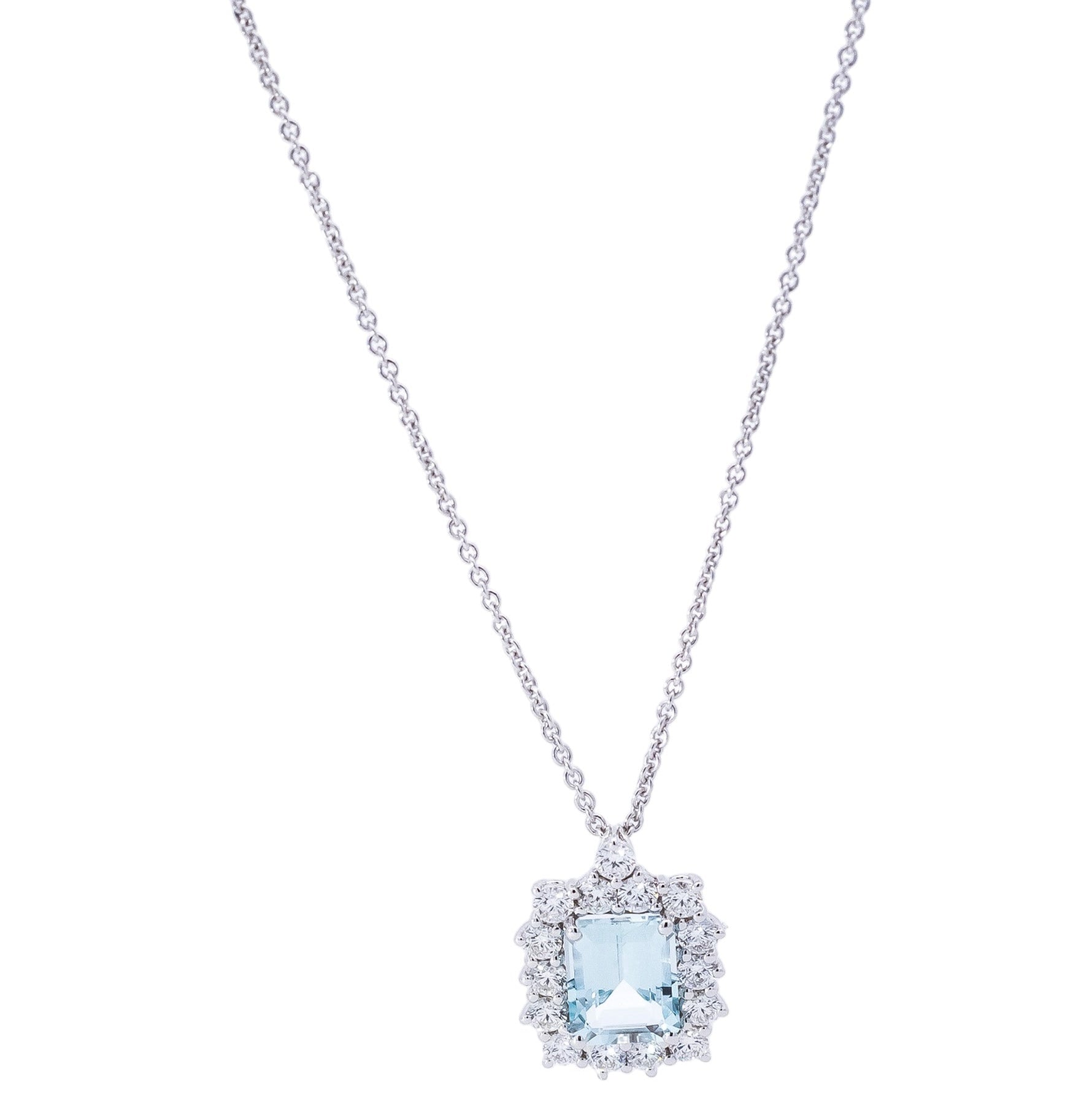 Collar oro blanco 18kt dije con halo de diamantes y aguamarina corte esmeralda