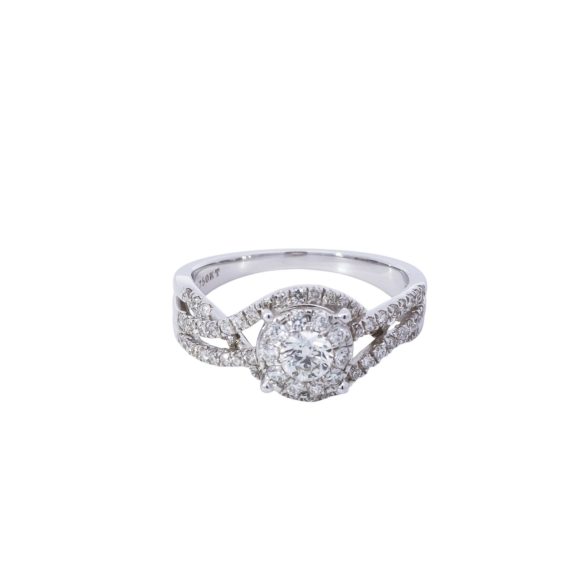 Anillo de compromiso oro blanco 18kt diseño de líneas entrelazada con diamante central
