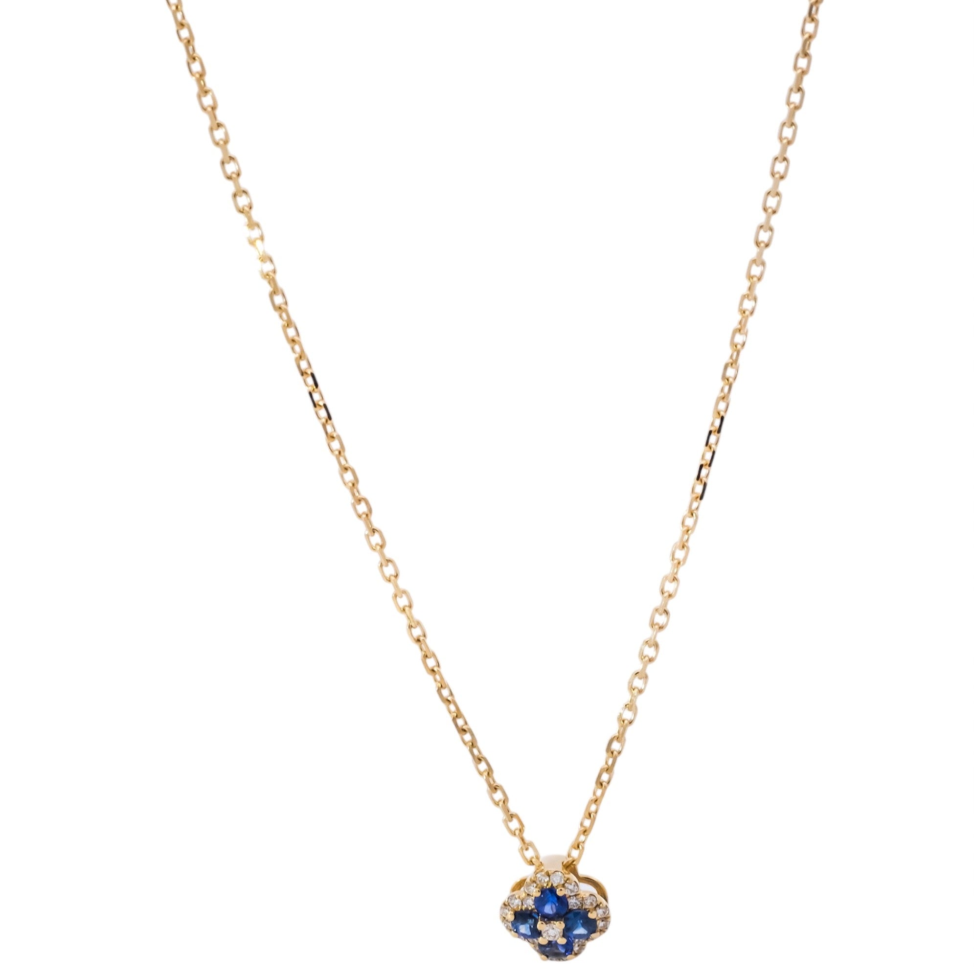 Collar oro amarillo 18kt con dije diseño de flor con diamantes y zafiros