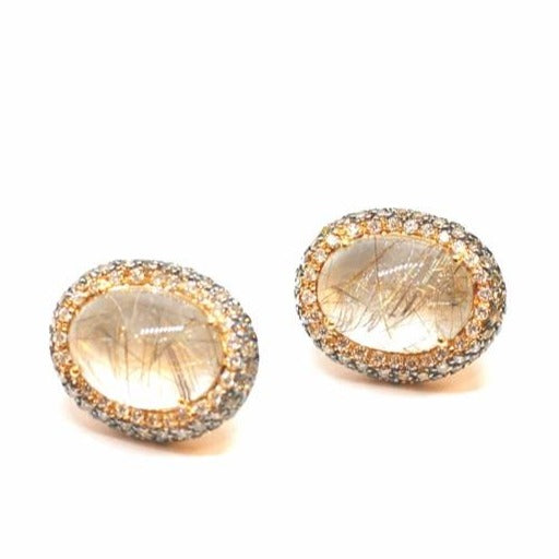 Aretes oro amarillo con quarzo blanco rutilado y diamantes
