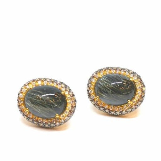 Aretes oro blanco   con cuarzo oscuro rutilado y diamantes