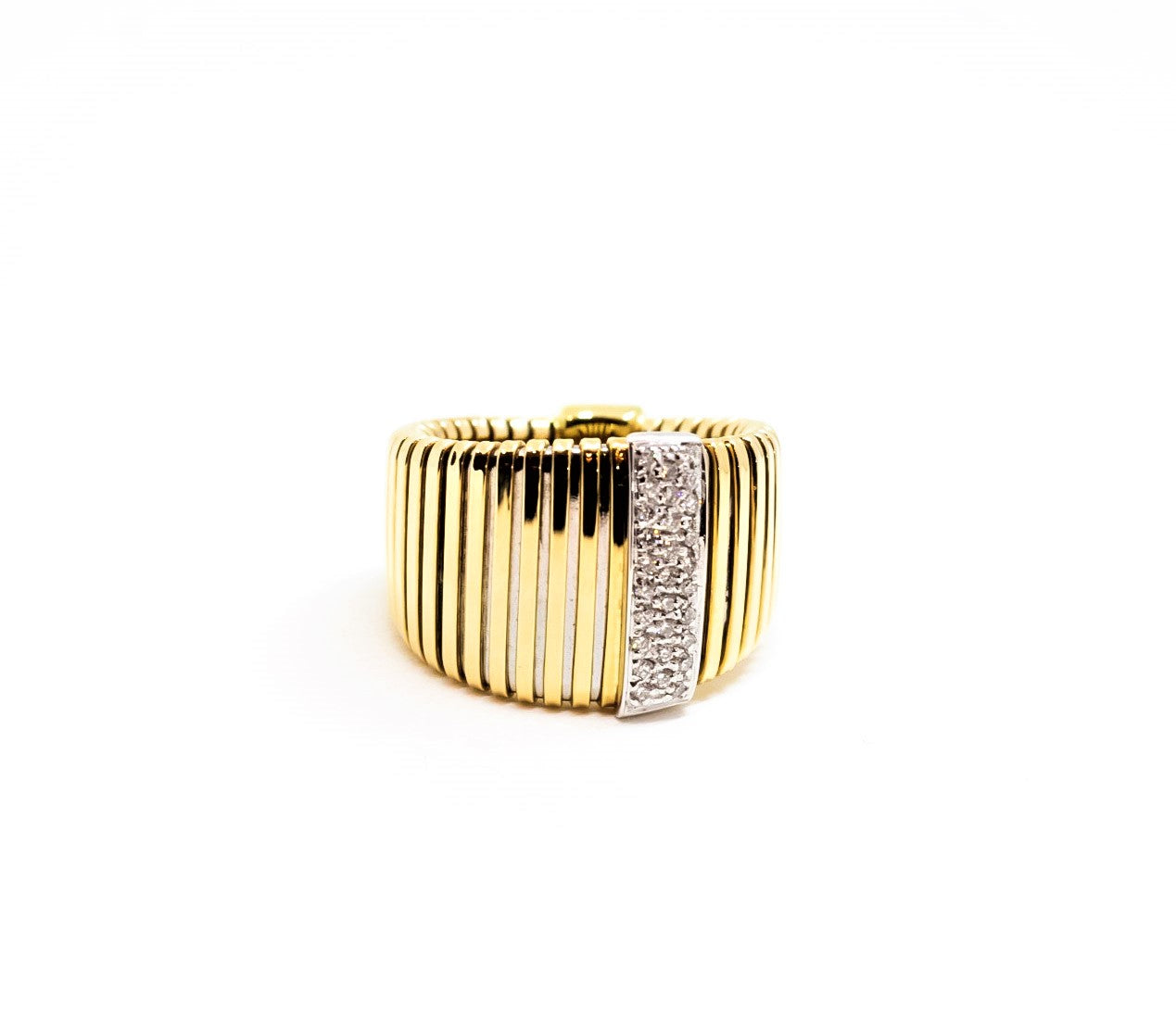 Anillo ancho de tubo gas en oro amarillo  con barra de diamantes