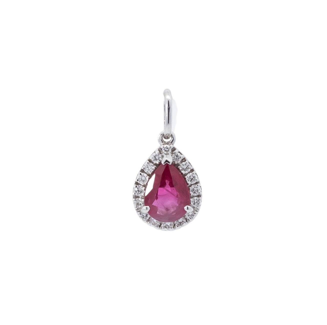 Dije oro blanco con diamantes y rubí corte pera