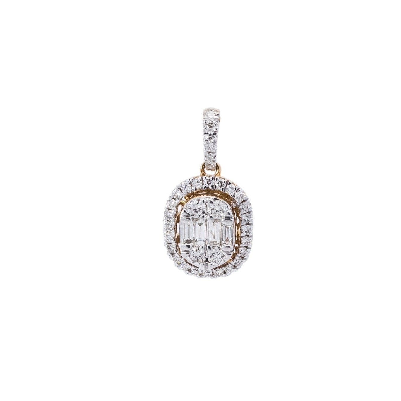 Dije oro amarillo  con diamantes corte redondos y baguette