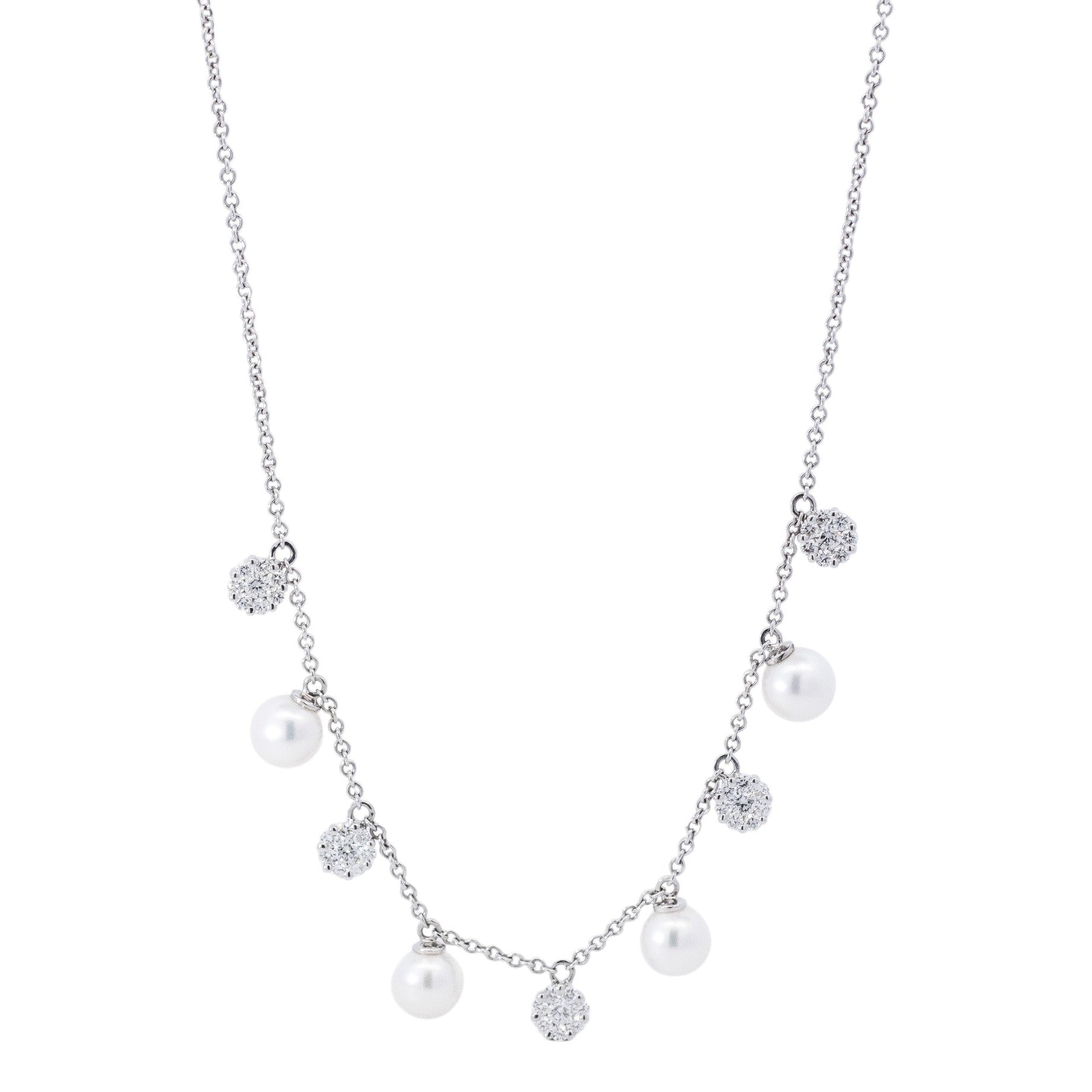 Collar oro blanco 18k con dijes en perla y diamantes