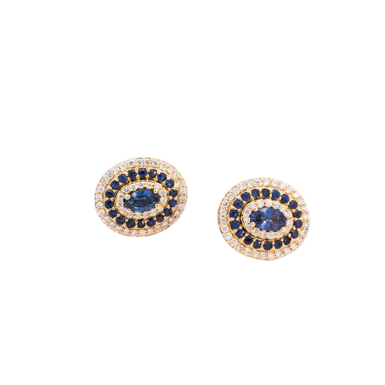 Aretes oro 18k diseño ovalado con diamantes y zafiros