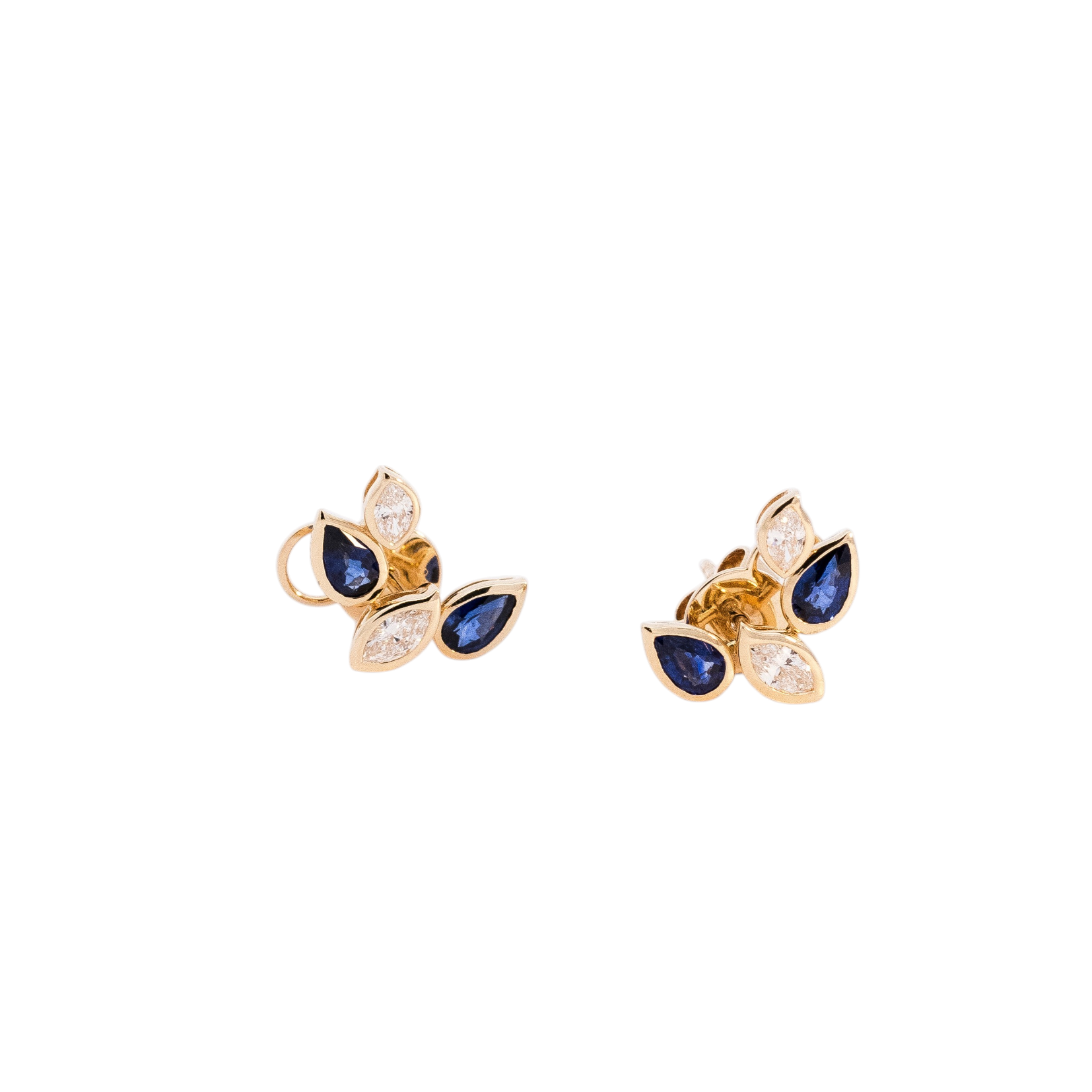 Aretes oro 18k con diamantes y zafiros corte Pera