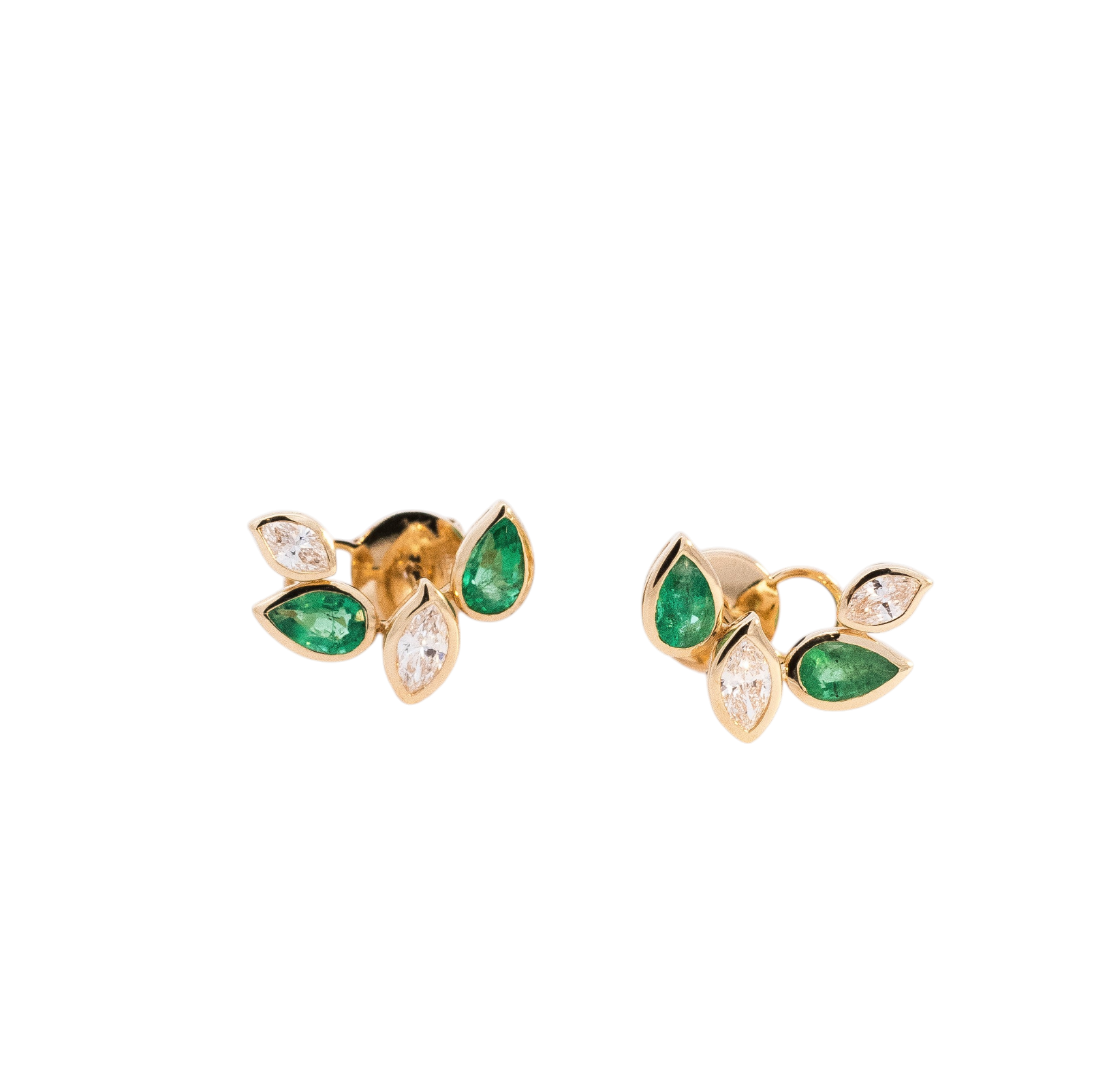 Aretes oro 18k en diamantes y esmeraldas corte pera diseño de hojas