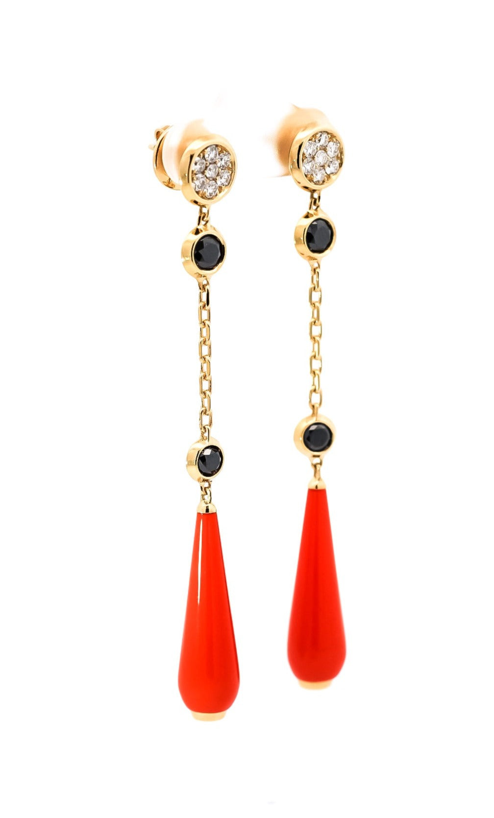 Aretes largos en oro  amarillo 18kt con diamantes y coral