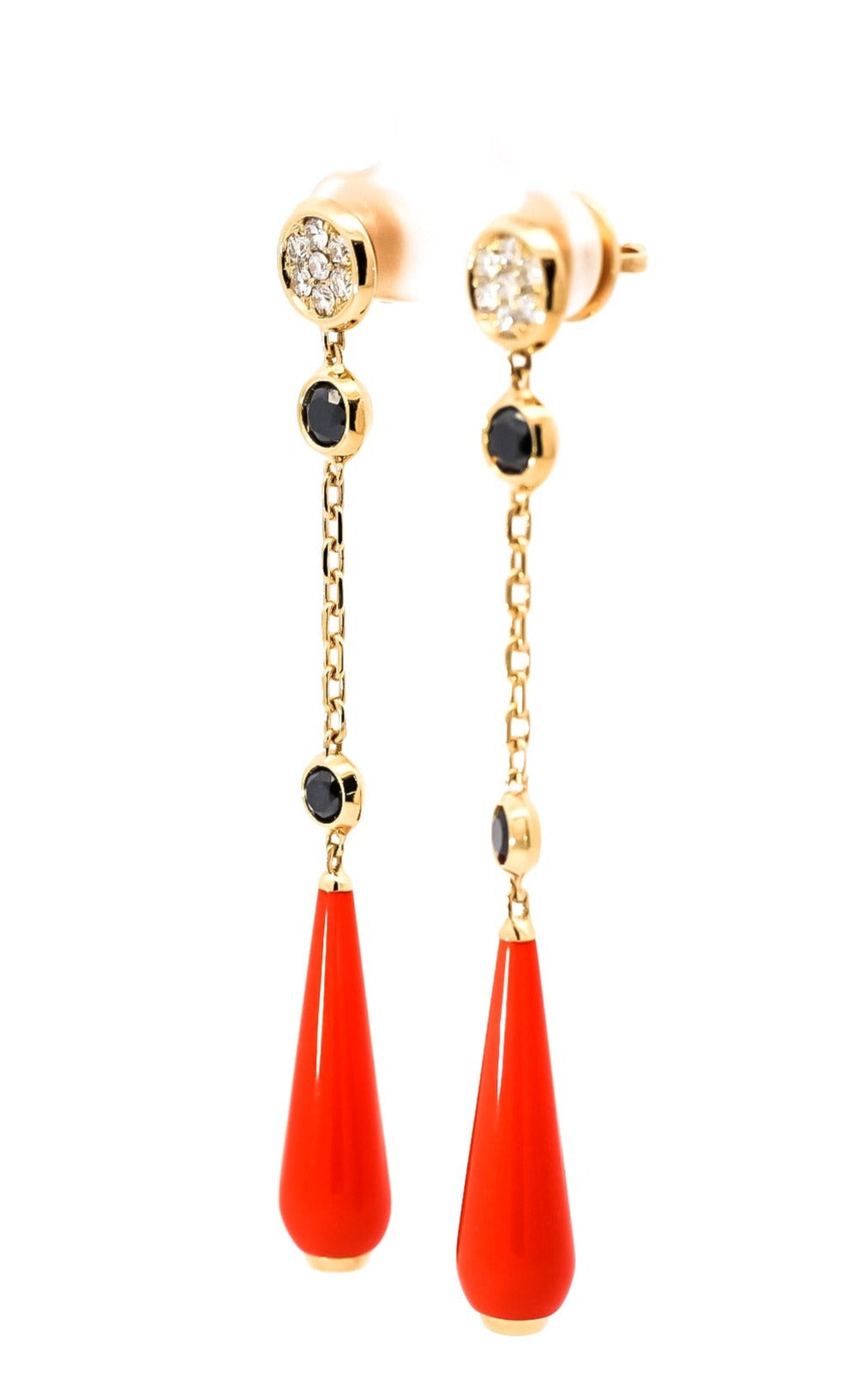 Aretes largos en oro  amarillo 18kt con diamantes y coral
