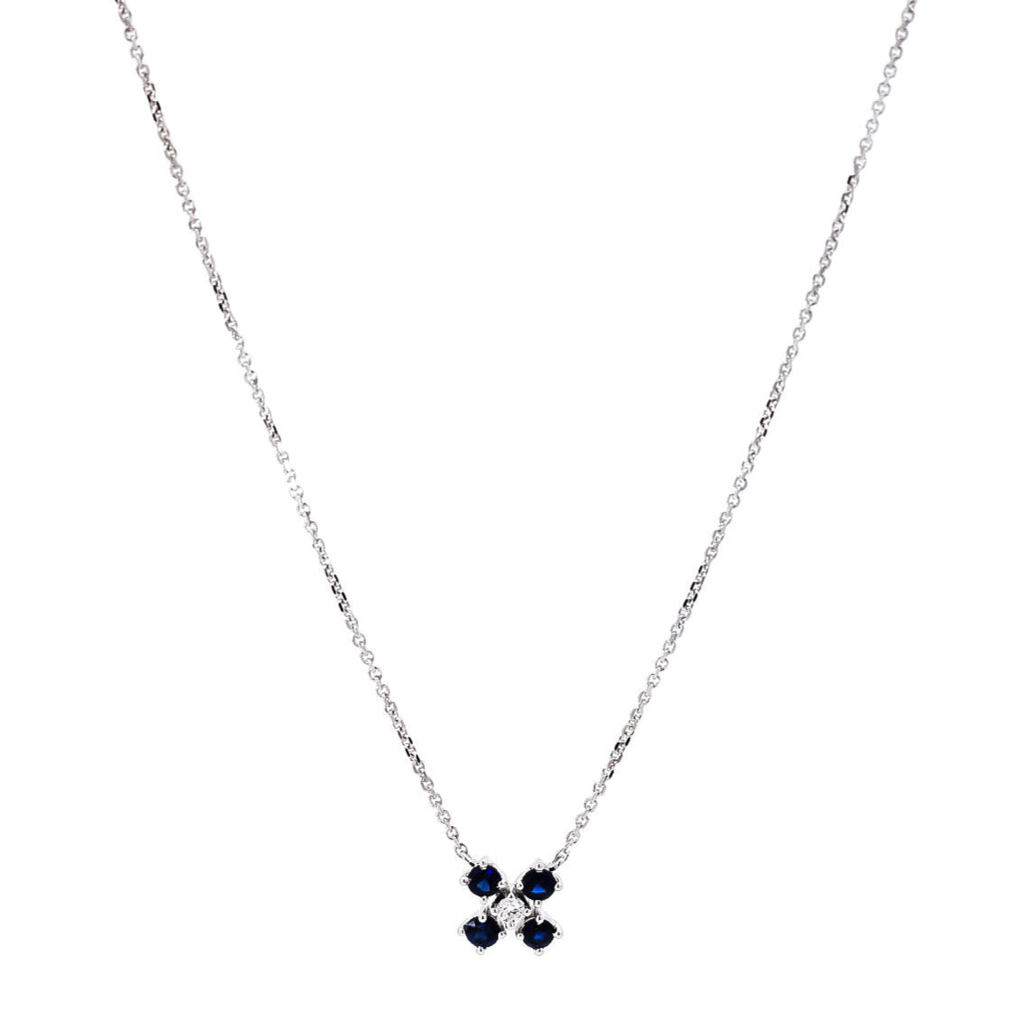 Collar oro blanco 18kt dije diseño de flor en zafiro y diamante